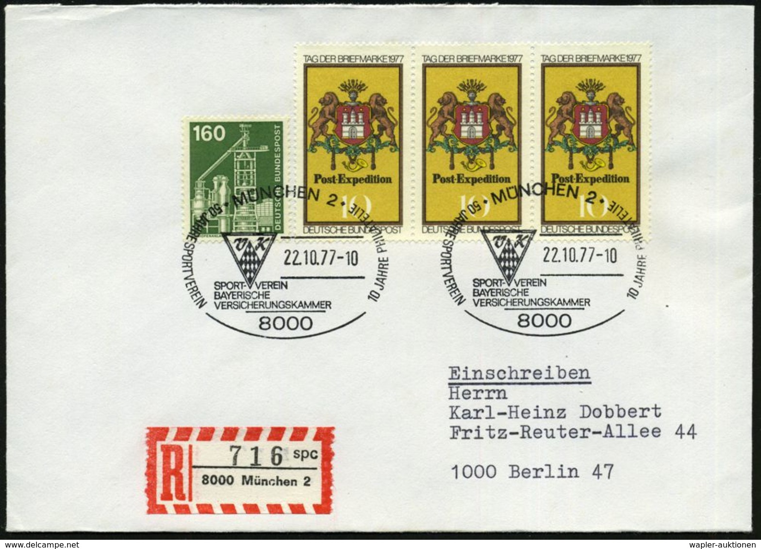 8000 MÜNCHEN 2/ 50 JAHRE SPORTVEREIN/ ..BAYER.VERSICHERUNGSKAMMER 1977 (22.10.) SSt (Logo) + Sonder-RZ: 8000 München 2/s - Andere & Zonder Classificatie