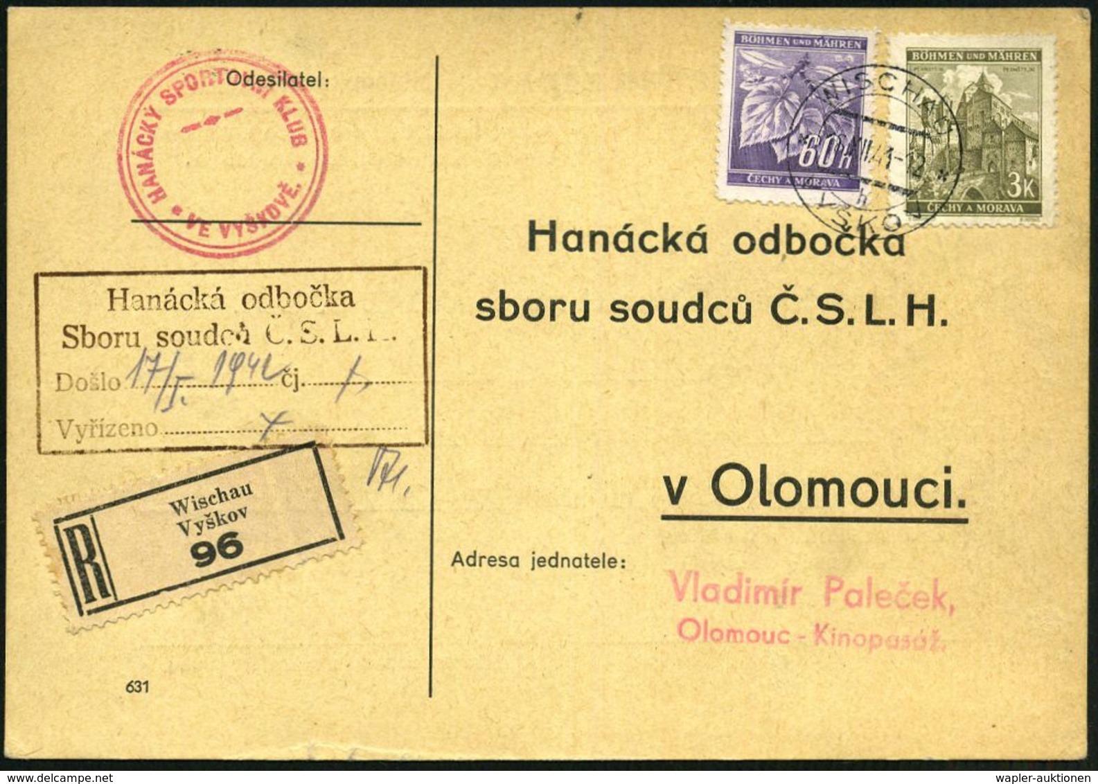 BÖHMEN & MÄHREN 1941 (18.12.) 1K-Brücke: WISCHAU/ VYSKOV + Viol. 2K-HdN: HANACKY SPORTOVNI KLUB/VE VYSKOVE , Klar Gest.  - Andere & Zonder Classificatie