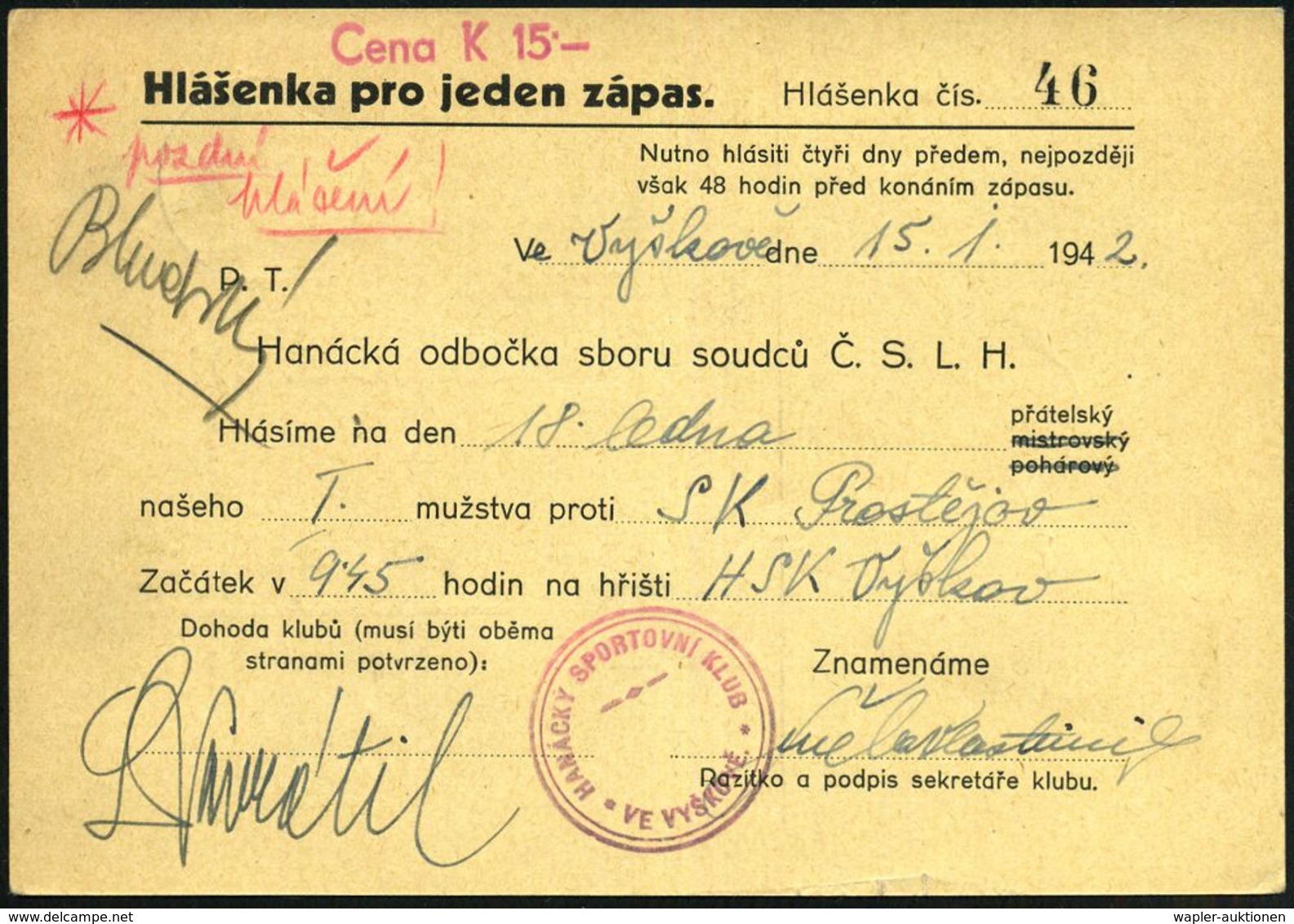 BÖHMEN & MÄHREN 1941 (18.12.) 1K-Brücke: WISCHAU/ VYSKOV + Viol. 2K-HdN: HANACKY SPORTOVNI KLUB/VE VYSKOVE , Klar Gest.  - Autres & Non Classés