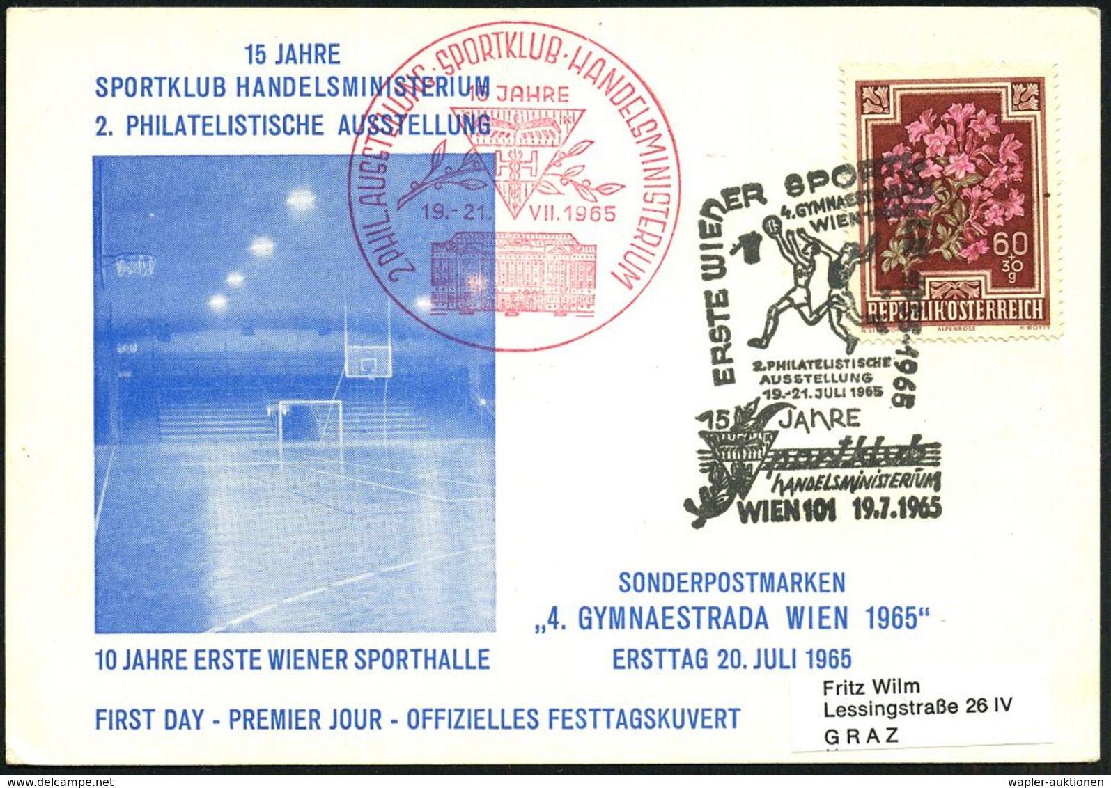 ÖSTERREICH 1965 (19.7.) SSt.: WIEN 101/ERSTE WIENER SPORTHALLE/4.GYMNAESTRADA../15 Jahre/Sportklub/ HANDELS-MINISTERIUM  - Autres & Non Classés