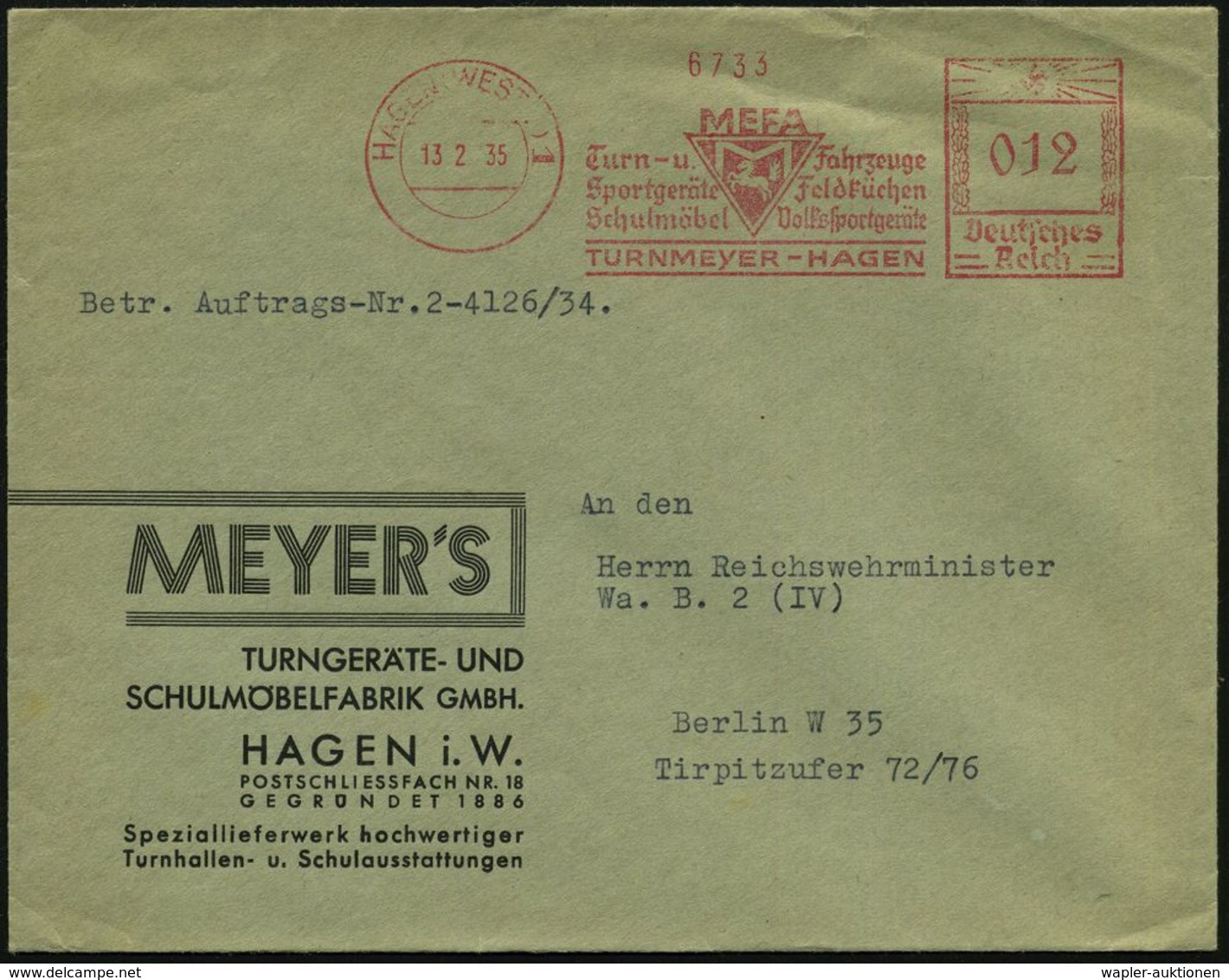HAGEN (WESTF) 1/ MEFA/ Turn-u./ Sportgeräte/ Schulmöbel/ ..Feldküchen/ Volkssportgeräte/ TURN-MEYER 1935 (13.2.) AFS = L - Altri & Non Classificati