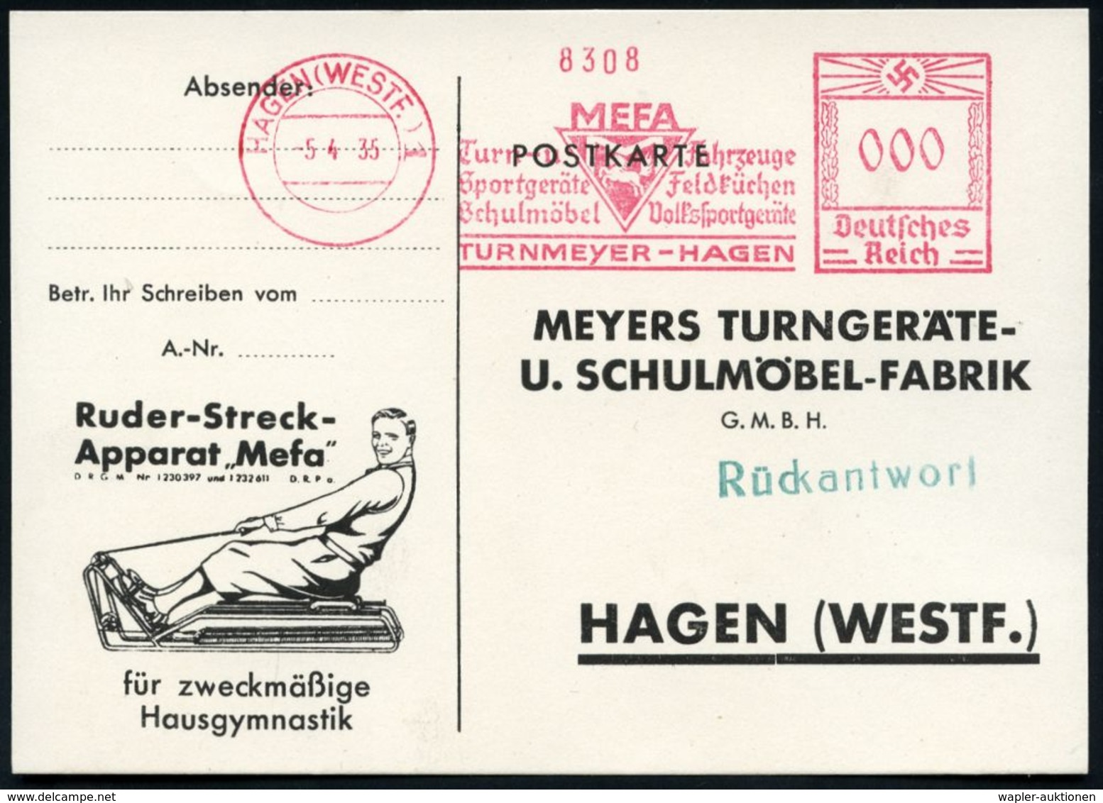 HAGEN (WEST.) 1/ MEFA/ Turn-u./ Sportgeräte/ Schulmöbel../ Volkssportgeräte 1935 (5.4.) AFS In 000 (Logo: Pferd) Auf Rüc - Andere & Zonder Classificatie