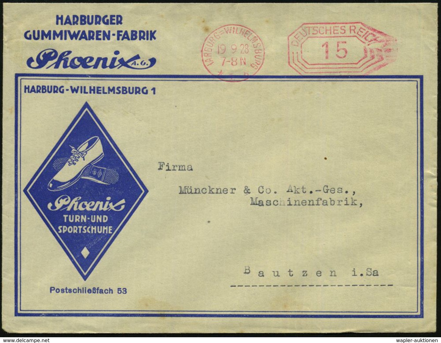 HARBURG-WILHELMSBURG/ *1B/ DEUTSCHES REICH 1928 (19.9.) PFS 15 Pf. Auf Reklame-Bf: HARBURGER GUMMIWAREN ..Phoenix/ TURN- - Autres & Non Classés