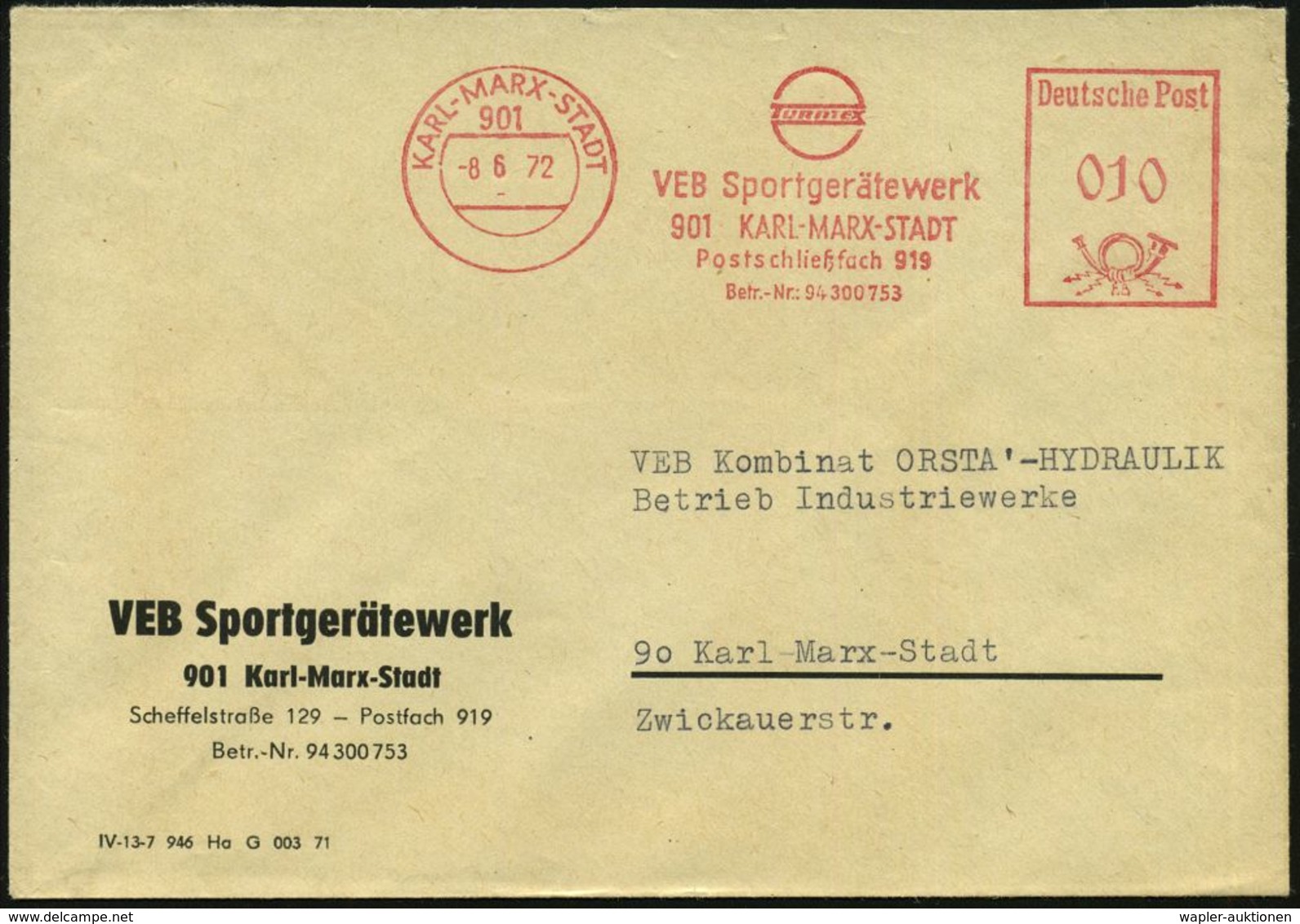 901 KARL-MARX-STADT/ TURNTEX/ VEB Sportgerätewerk 1972 (8.6.) AFS (Logo) Auf Firmen-Bf.: VEB Sportgerätewerk (Dü.E-20CE) - Altri & Non Classificati