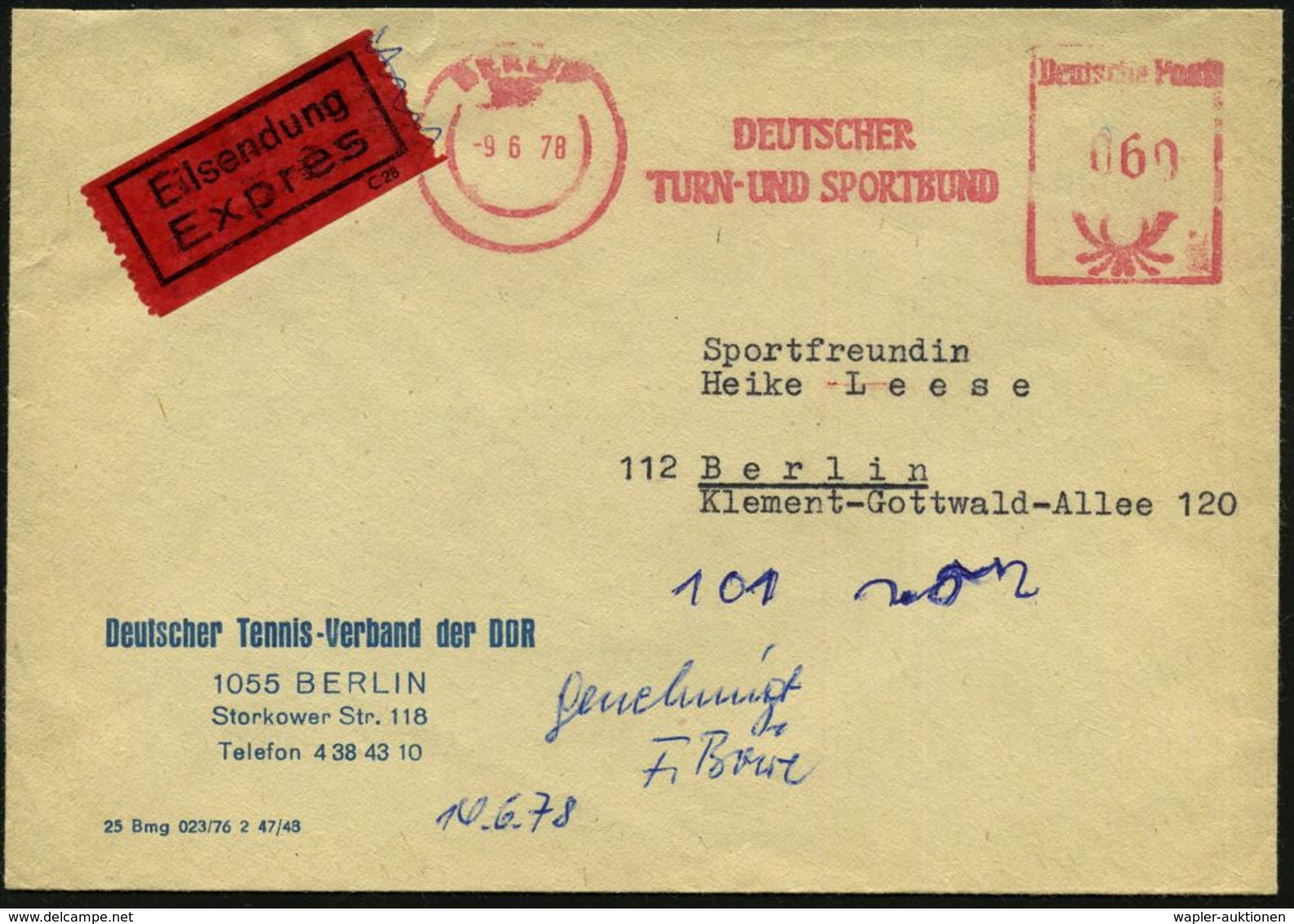 1085 BERLIN/ DEUTSCHER/ TURN-U.SPORTBUND 1978 (9.6.) AFS 060 Pf. (abgenutzte Maschine, Teils Etw. Undeutl.) Dienst-Eil-B - Tennis