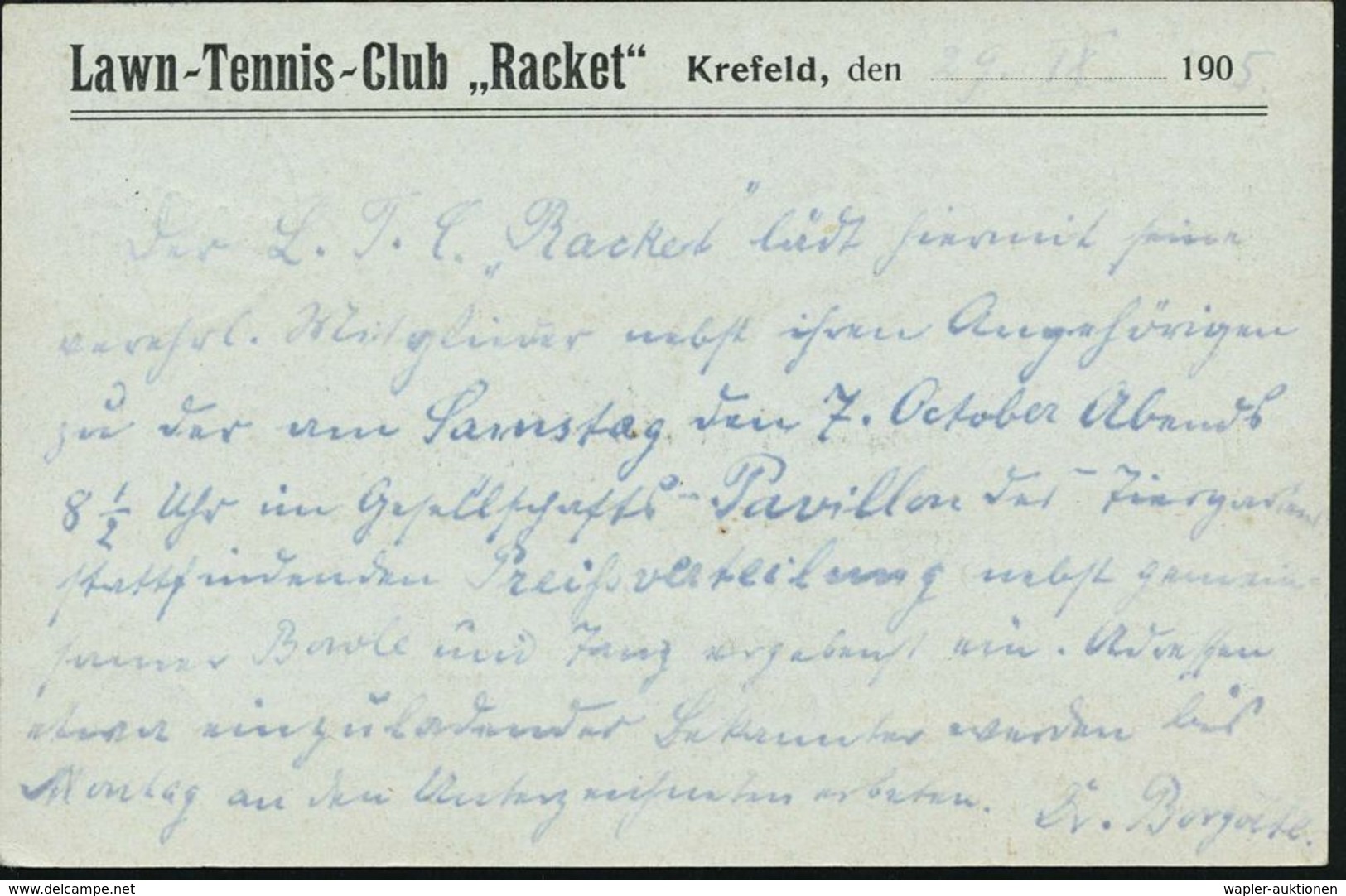 Krefeld 1905 (20.8.) 1K-Gitter: CREFELD/*1i Auf Orts-P 2 Pf. Germania + Rs. Zudruck: Lawn-Tennis-Club "Racket" , Seltene - Tennis