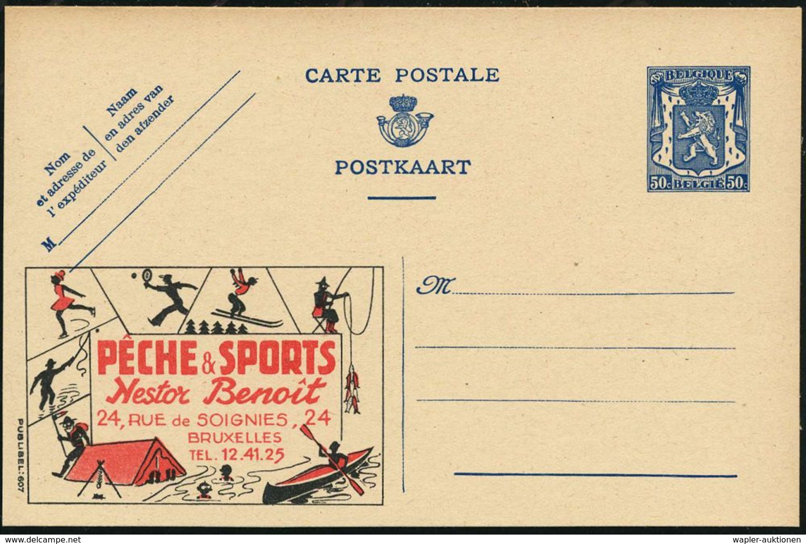 BELGIEN 1941 50 C. Reklame-P Blau: PECHE & SPORTS/N.Beno&icirc;t = Tennis-Spieler , U.a. Sportarten: Kanu, Angeln, Skisp - Tennis