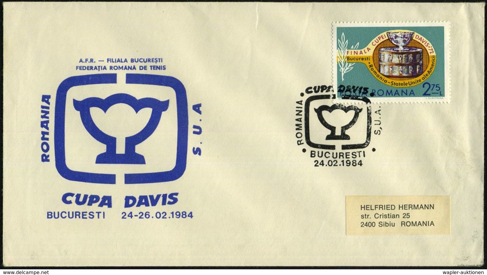 RUMÄNIEN 1984 (24.2.) SSt.: BUCURESTI/CUPA DAVIS/ROMANIA/S.U.A. (Logo) Motivgl. Inl.-SU.: Daviscup Rumänien - USA, EF 2, - Tenis