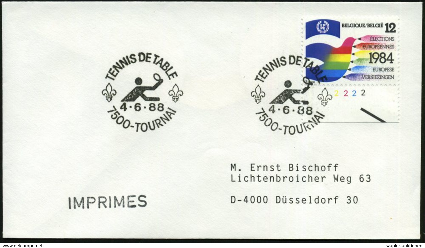 BELGIEN 1988 (4.6.) SSt.: 7500-TOURNAI/TENNIS DE TABLE = Tischtennis-Piktogr. (2 Pfadfinder-Linien) Klar Gest. Ausl.-Bf. - Tafeltennis