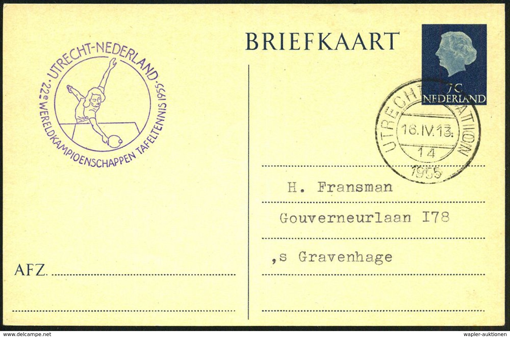 NIEDERLANDE 1955 (Apr.) Seltener, Viol. SSt.: UTRECHT/22e WERELDKAMPIOENSCHAPPEN TAFELTENNIS = 22. TT-WM (= Spielerin) + - Tafeltennis