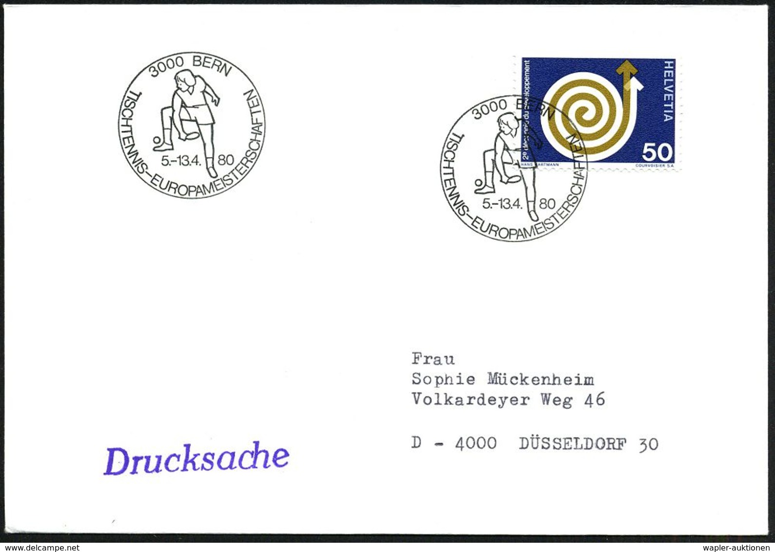 SCHWEIZ 1980 (Apr.) SSt: 3000 BERN/TISCHTENNIS-EUROPAMEISTERSCHAFTEN = Spielerin , 2x Klar Auf Inl.Bf. (Pen.S 1015) - - Tennis Tavolo