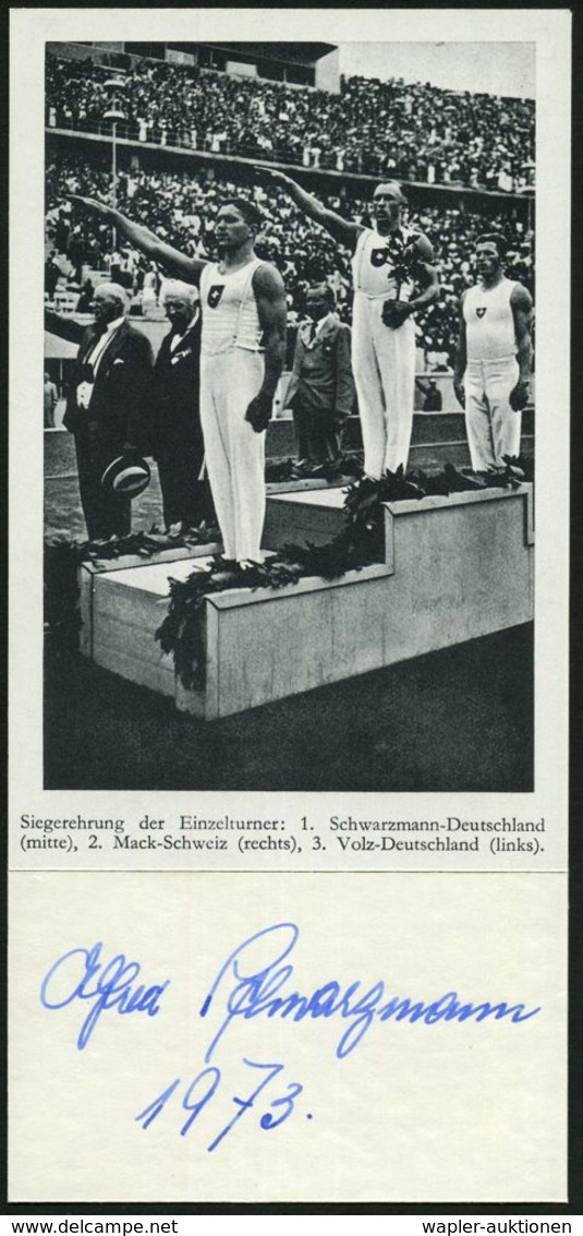 Berlin-Olympiastadion 1936 S/w.-Abbildung: Alfred Schwarzmann (u. Mack, Volz) + Orig. Autogr. "Alfred Schwarzmann" = Gol - Gymnastiek