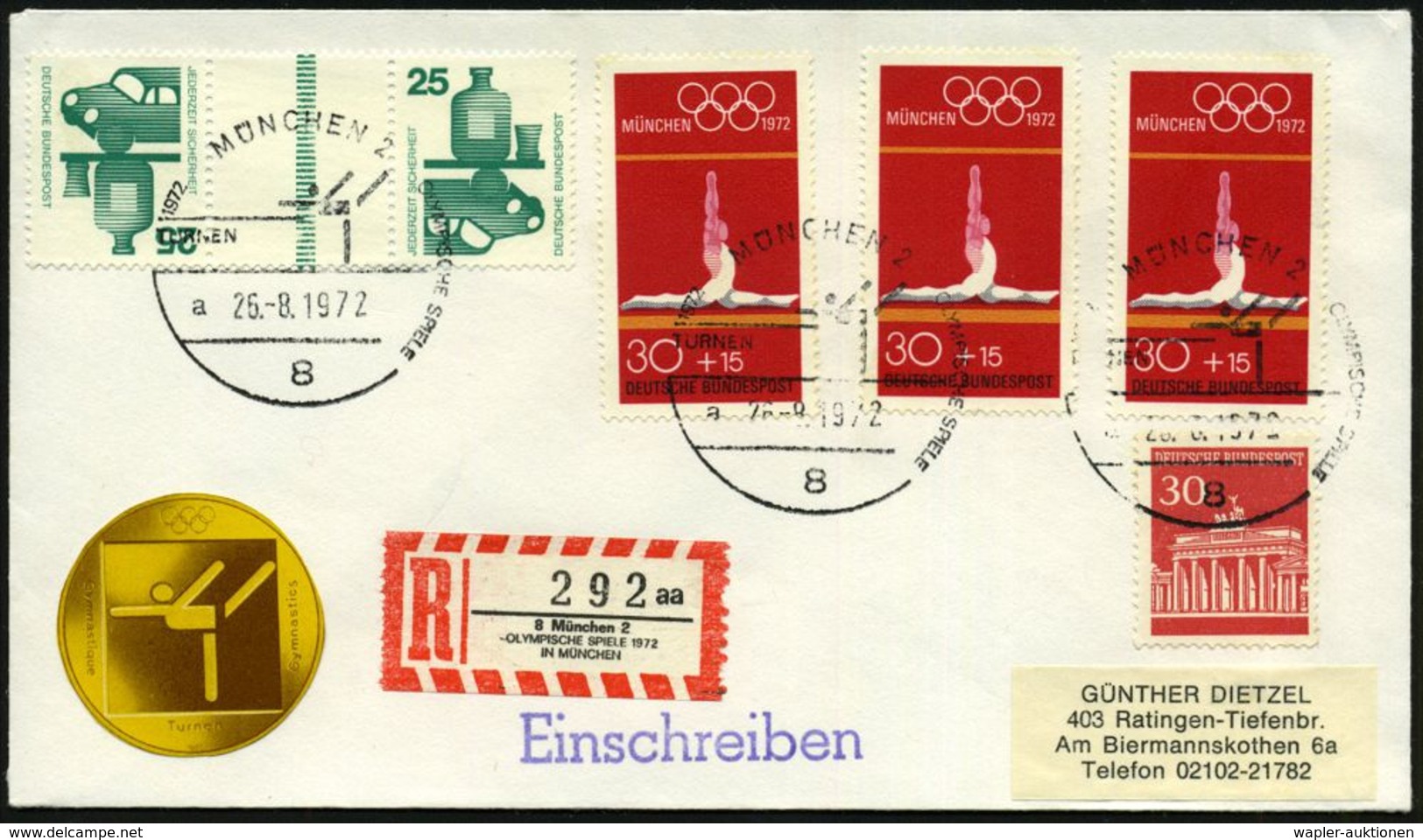 8 MÜNCHEN 2/ OLYMPISCHE SPIELE/ TURNEN/ A 1972 (25.8.) SSt = Piktogr. Bodenturnen 3x A. Motivgl. Olympia-Frankatur 3x 30 - Gymnastiek