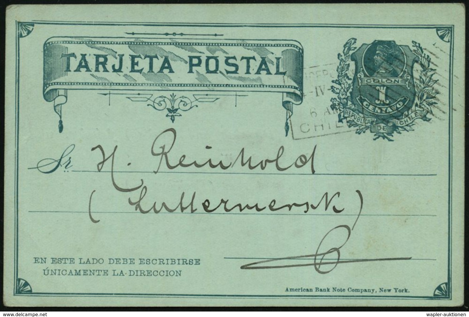CHILE 1895 (14.4.) Amtl. P. 1 C. Columbus, Grün + Rs. Zudruck: DEUTSCHER TURNVEREIN.. , Deutscher Text Mit Monogramm "FF - Gymnastiek