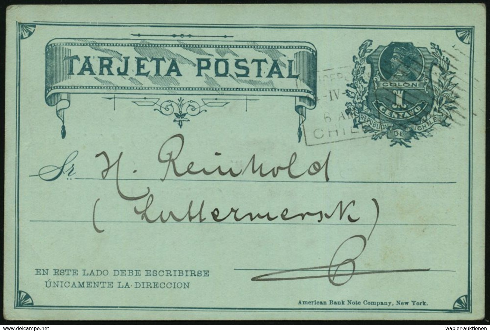 CHILE 1895 (14.4.) Amtl. P. 1 C. Columbus, Grün + Rs. Zudruck: DEUTSCHER TURNVEREIN.. , Deutscher Text Mit Monogramm "FF - Gymnastique