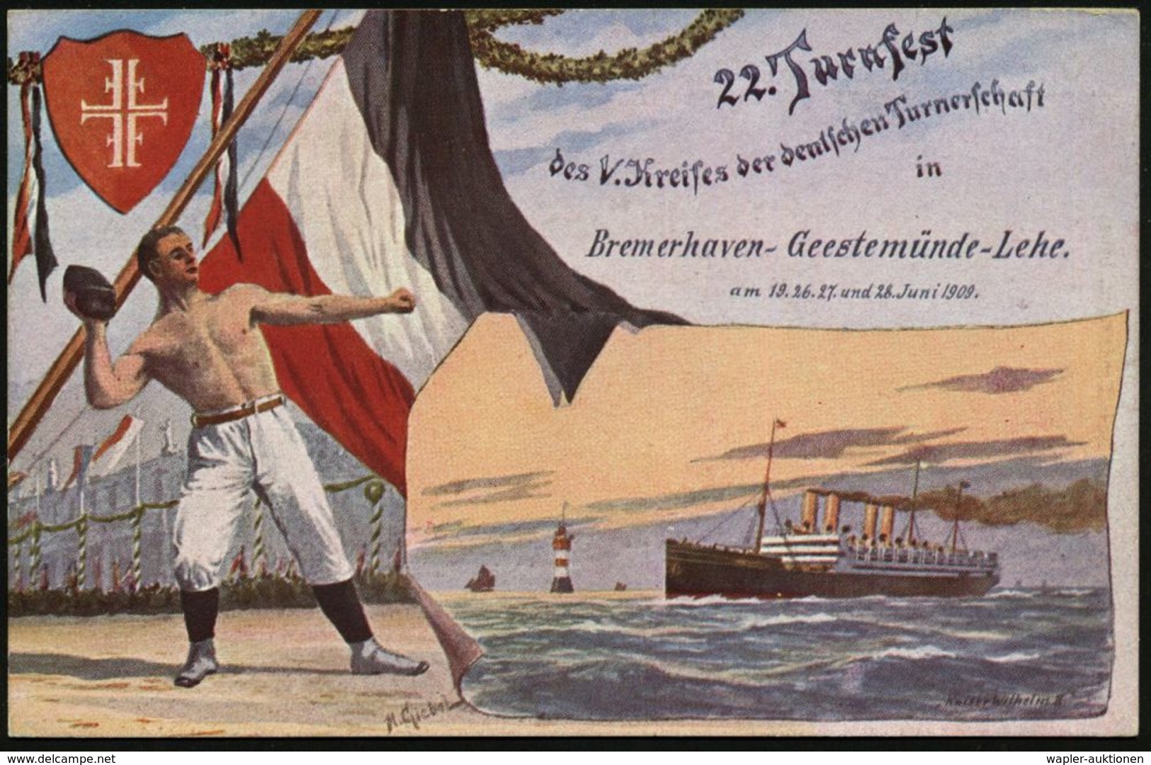 Bremerhaven-Lehe 1909 (Juni) Seltene Color-Ak.: 22. Turnfest Des V. Kreises Der Deutschen Turnerschaft.. = Kugelstosser  - Gymnastiek