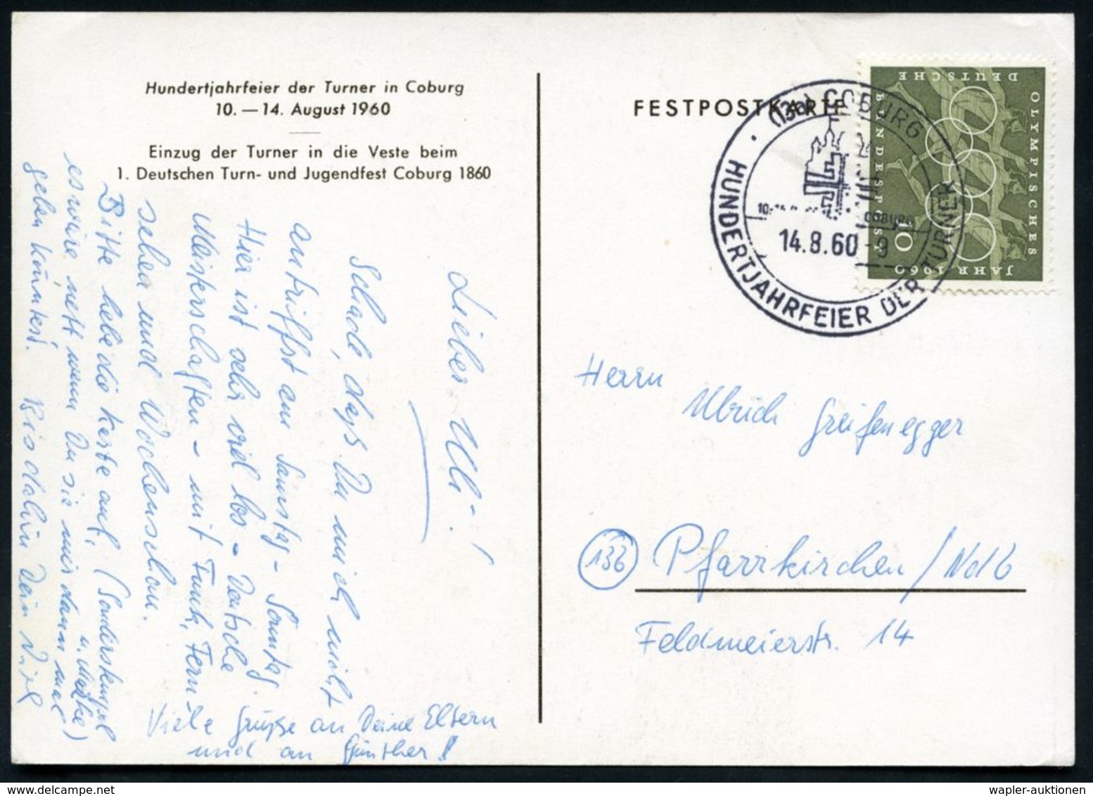 (13a) COBURG/ FFFF/ HUNDERTJAHRFEIER DER TURNER 1960 (14.8.) SSt. (Monogramm "FFFF") Auf Monochromer Sonder-Jubil.-Ak.:  - Gymnastiek