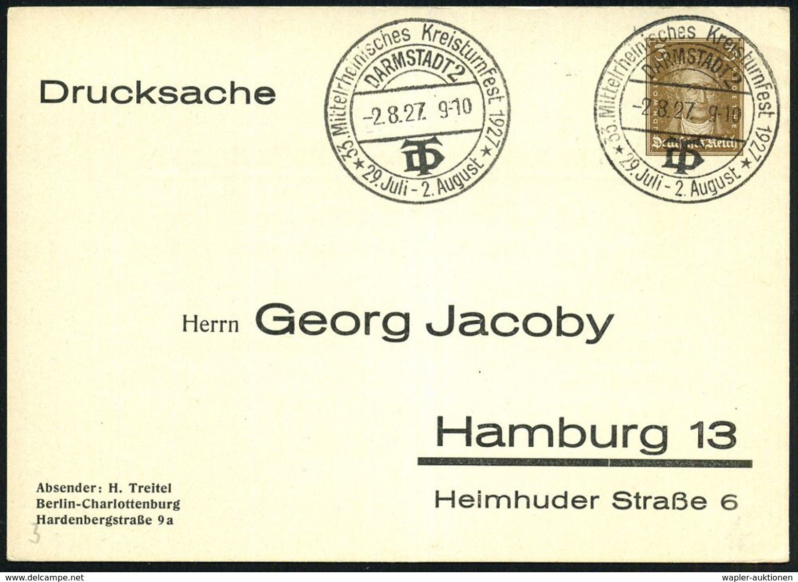 DARMSTADT 2/ DT/ 33.Mittelrhein.Kreisturnfest/ 29.Juli-2.Aug. 1927 (2.8.) Seltener SSt 2x Auf PP 3 Pf. Goethe (G. Jacoby - Gymnastiek