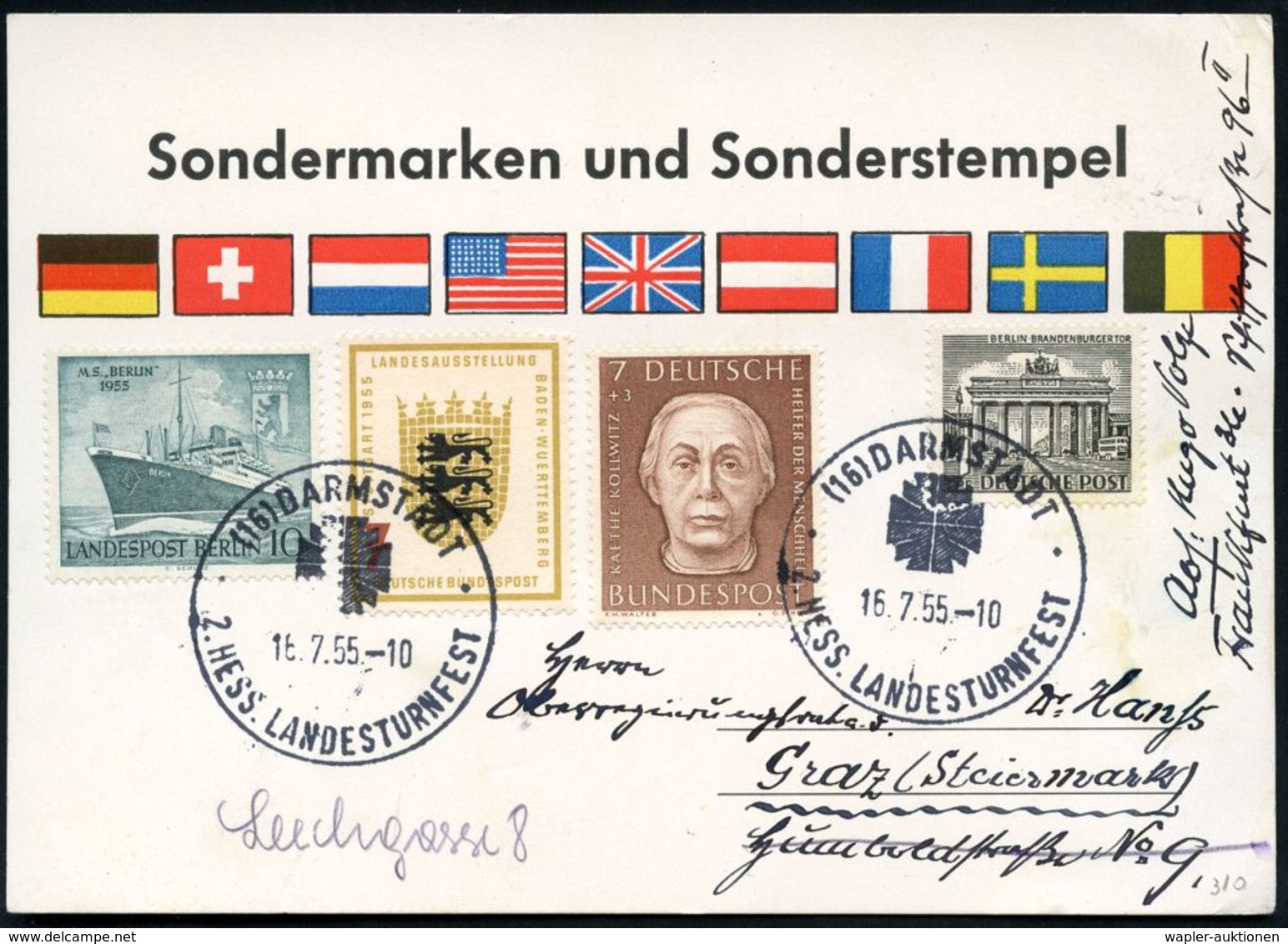 (16) DARMSTADT/ 2.HESS.LANDESTURNFEST 1955 (16.7.) SSt (Monogr. "FFFF") 2x Klar Auf Ausl.-Sonder-Kt. Mit Entspr. Text (B - Ginnastica