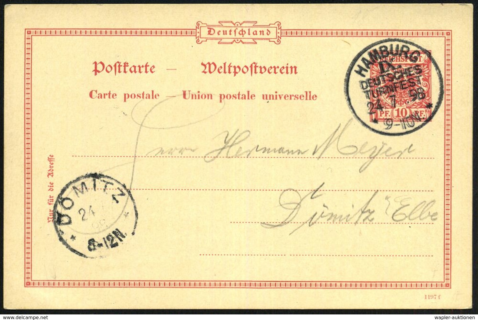 HAMBURG/ IX./ DEUTSCHES/ TURNFEST/ ** 1898 (24.7.) Seltener SSt Klar Auf Inl.-Kt. N. Dömitz, Vs. AS (Bo.4 / Ty.I = * *)  - Ginnastica