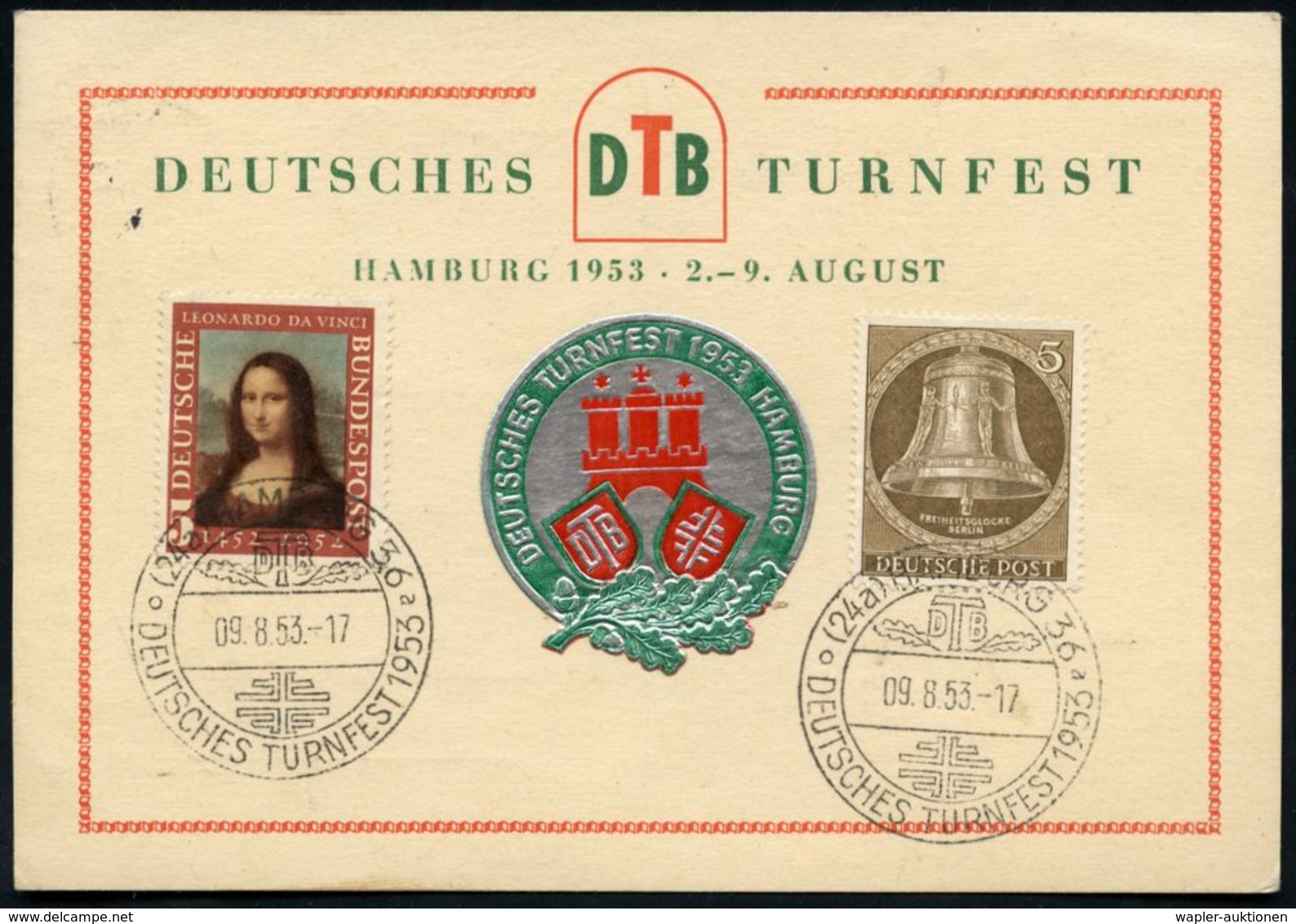 (24a) HAMBURG 36/ °°/ DTB/ DEUTSCHES TURNFEST 1953 (7.8.) SSt, Type II (FFFF, DTB-Monogramme) 2x Rs. Auf Sonder-Kt. (Mic - Gymnastiek