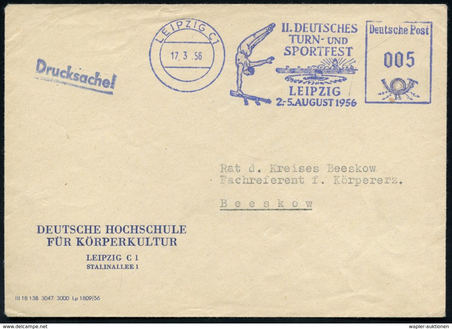 LEIPZIG C1/ II.DEUTSCHES/ TURN-U./ SPORTFEST/ 2.-5.AUGUST 1956 (17.3.) Blauer AFS = DDR-Dienstfarbe = Barren-Turner (u.  - Gymnastiek