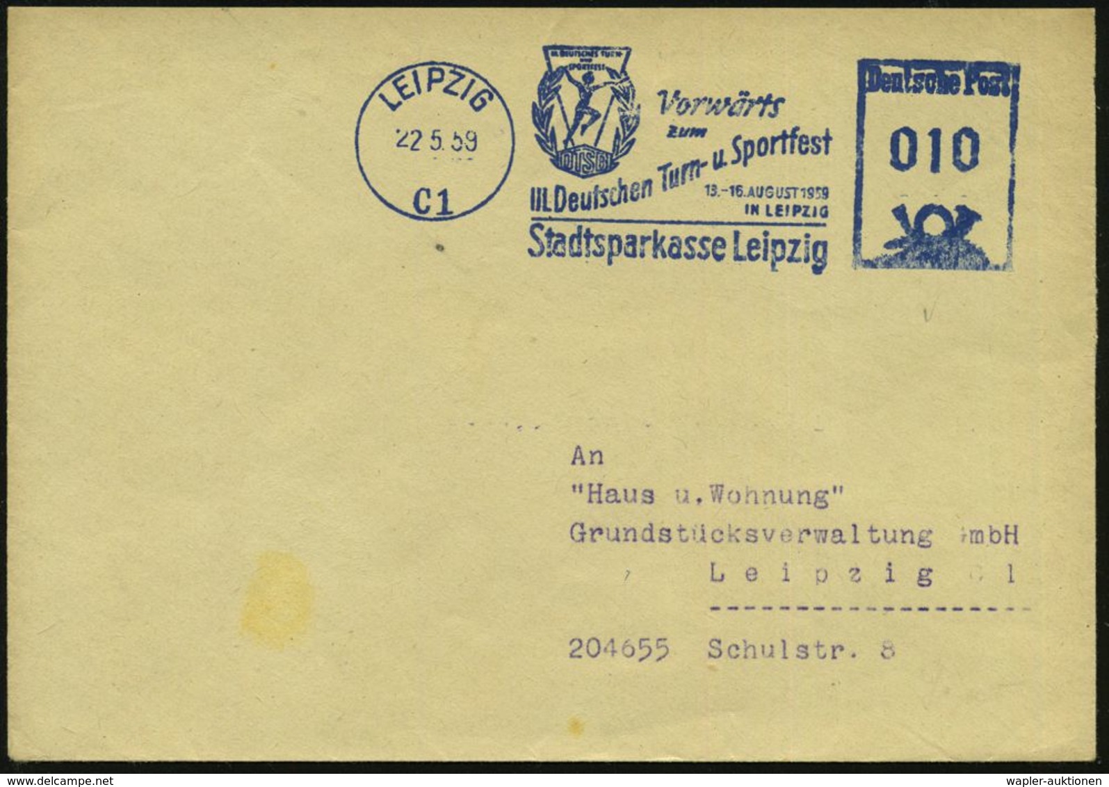 LEIPZIG/ C1/ Vorwärts/ Zum/ III.Deutsches Turn-u.Sportfest/ ..Stadtsparkasse 1959 (22.5.) Blauer AFS = DDR-Dienstfarbe = - Gymnastique