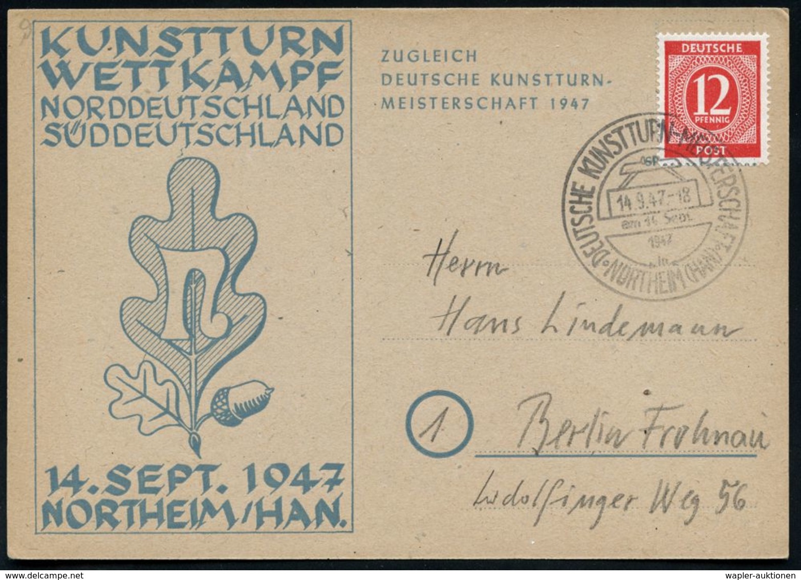 NORTHEIM/ DEUTSCHE KUNSTTURN-MEISTERSCHAFTEN 1947 (14.9.) Seltener, Schw. SSt (Gummihandstempel Mit Feststeh. Uhrzeit 18 - Gymnastiek