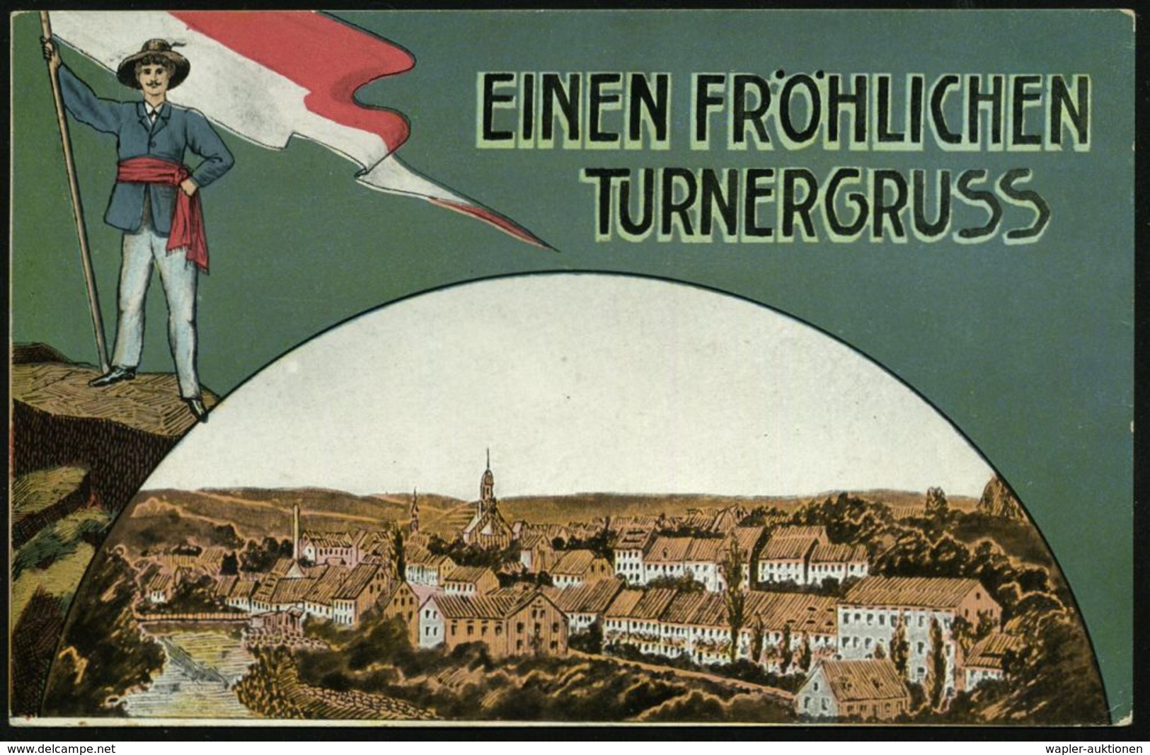 Rosswein 1911 (26.6.) Color-Ak.: EINEN FRÖHLICHEN TURNERGRUSS, Mulden-Zschopautaler "Gauturner" Juni 1911 (Frankatur-Män - Gymnastik