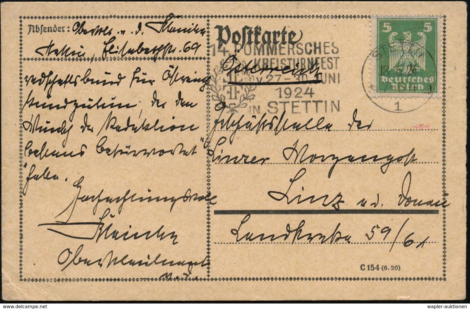 STETTIN/ *1d/ 14.POMMERSCHES/ KREISTURNFEST/ V.27-30.JUNI 1924 (18.6.) MWSt (Lorbeer, Jahn-Monogr. "FFFF") + Rs. Abs.-4L - Gymnastik