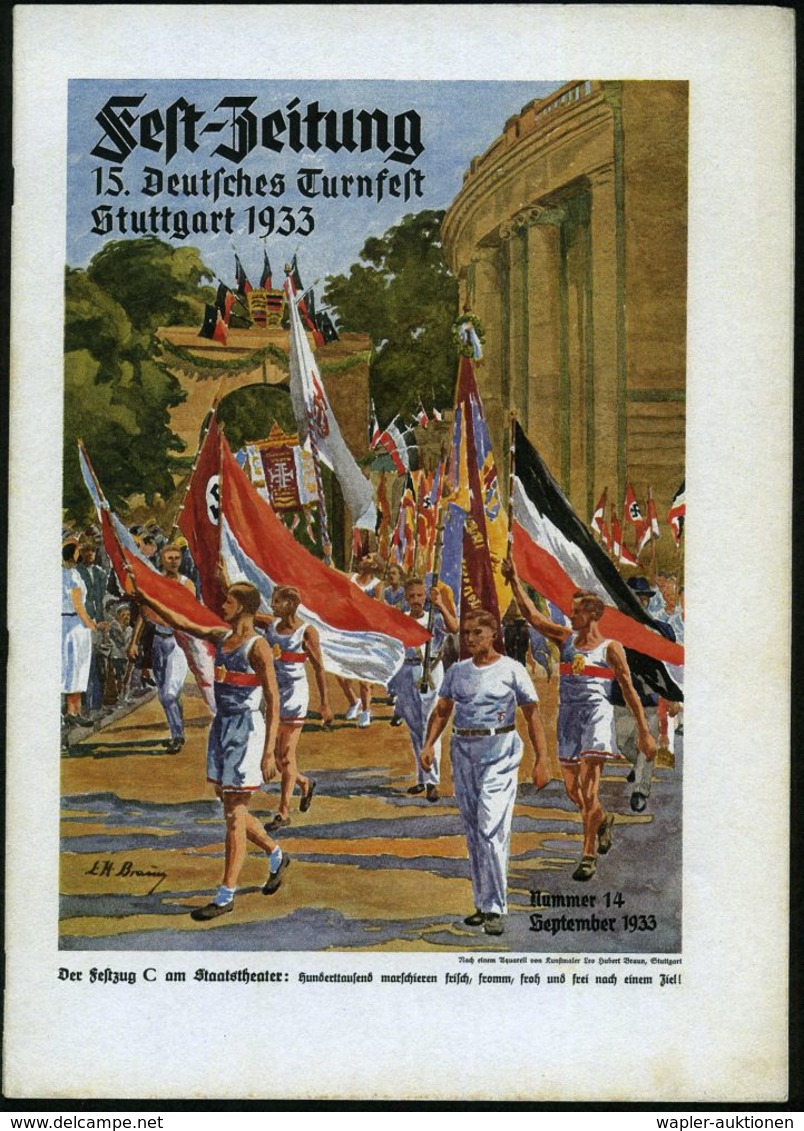 Stuttgart 1933 "Fest-Zeitung 15. Deutsches Turnfest Stuttgart 1933", Heft 1 bis 15 komplett gebunden im Leinenband mit r