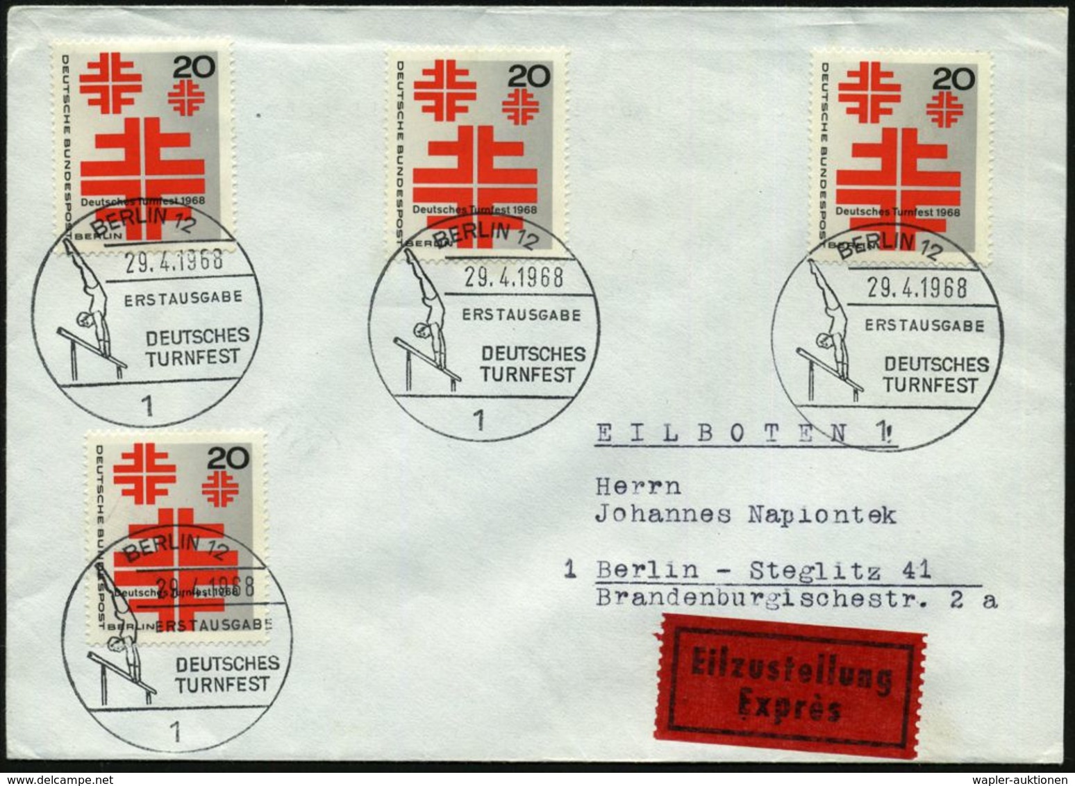 BERLIN 1968 (29.4.) 20 Pf. "Deutsches Turnfest Berlin", Reine MeF: 4 Stück + 4x ET-SSt.: 1 BERLIN 12 = Reck-Turner, Klar - Gimnasia