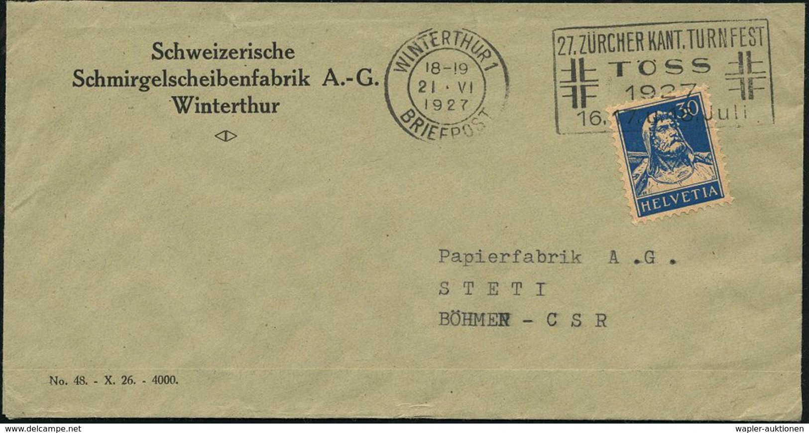 SCHWEIZ 1927 (Juni) MWSt: WINTERTHUR 1/27. ZÜRCHER KANT. TURNFEST/TÖSS (2x Monogr. "FFFF") Klar Auf Firmen-Bf. - - Ginnastica