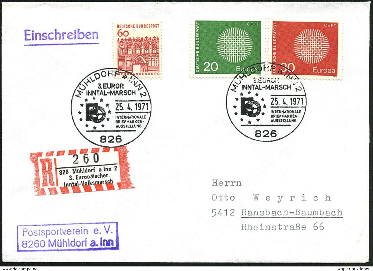 826 MÜHLDORF A INN 2/ 3.EUROP./ INNTAL-MARSCH.. 1971 (25.4.) SSt + Sonder-RZ: 826 Mühldorf A Inn 2/3.Europ./ Inntal-Volk - Altri & Non Classificati