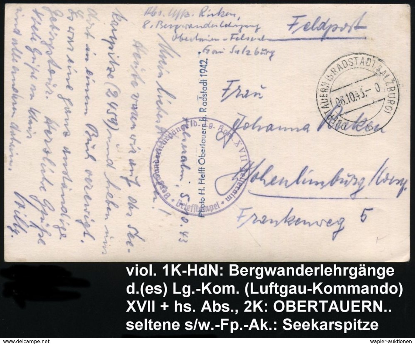 OBERTAUERN (b RADSTADT,SALZBURG)/ B 1943 (6.10.) 2K + Seltener Viol. 1K-HdN: 8. Bergwanderlehrgänge D. Lg. Kom. XVII. Fe - Andere & Zonder Classificatie