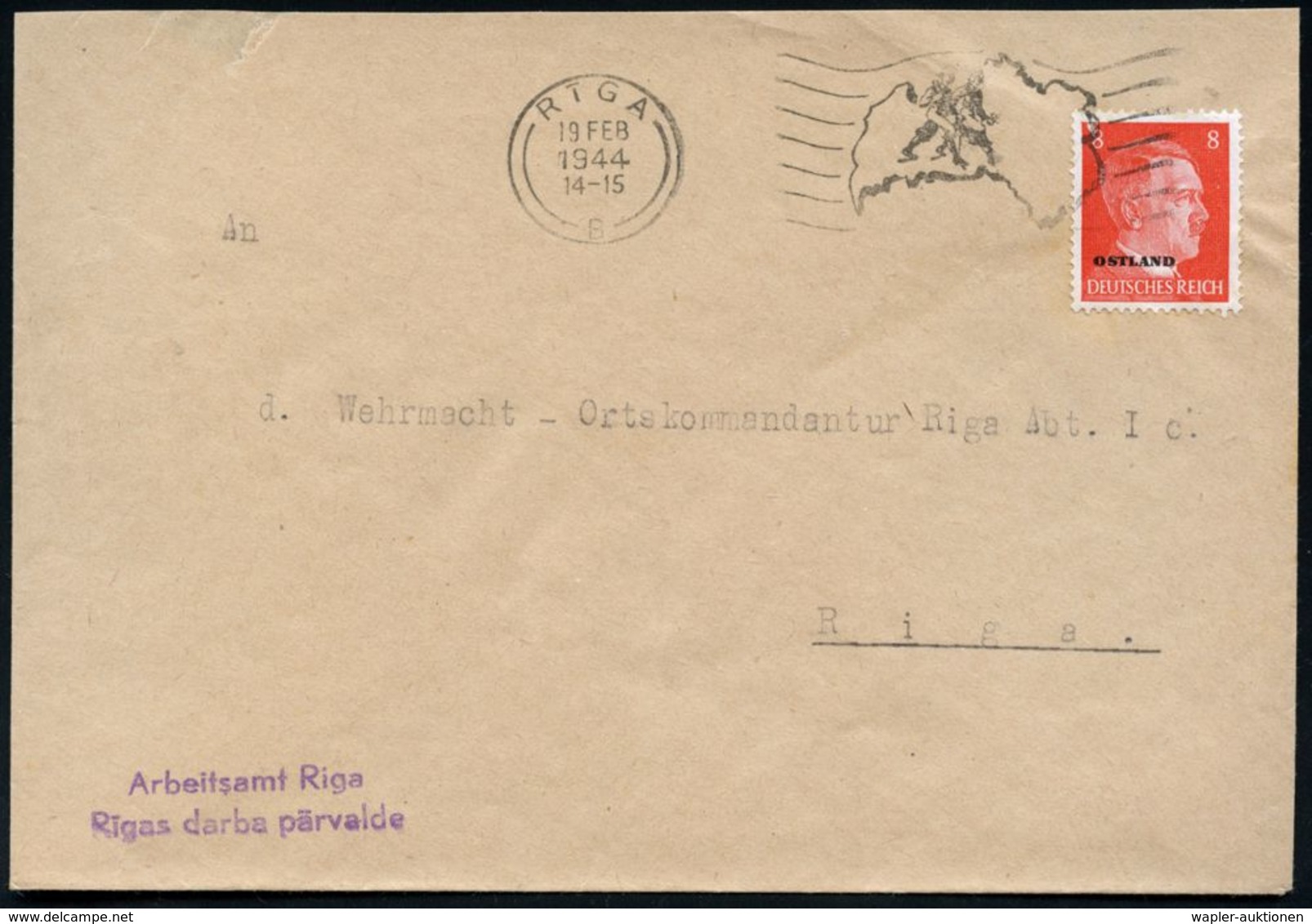 DT.BES.LETTLAND 1944 (19.2.) Seltener, Aptierter MaWSt.: RIGA/B = Wanderer Vor Landkarte, EF 8 Pf. Hitler (Mi.6 EF, + 12 - Other & Unclassified