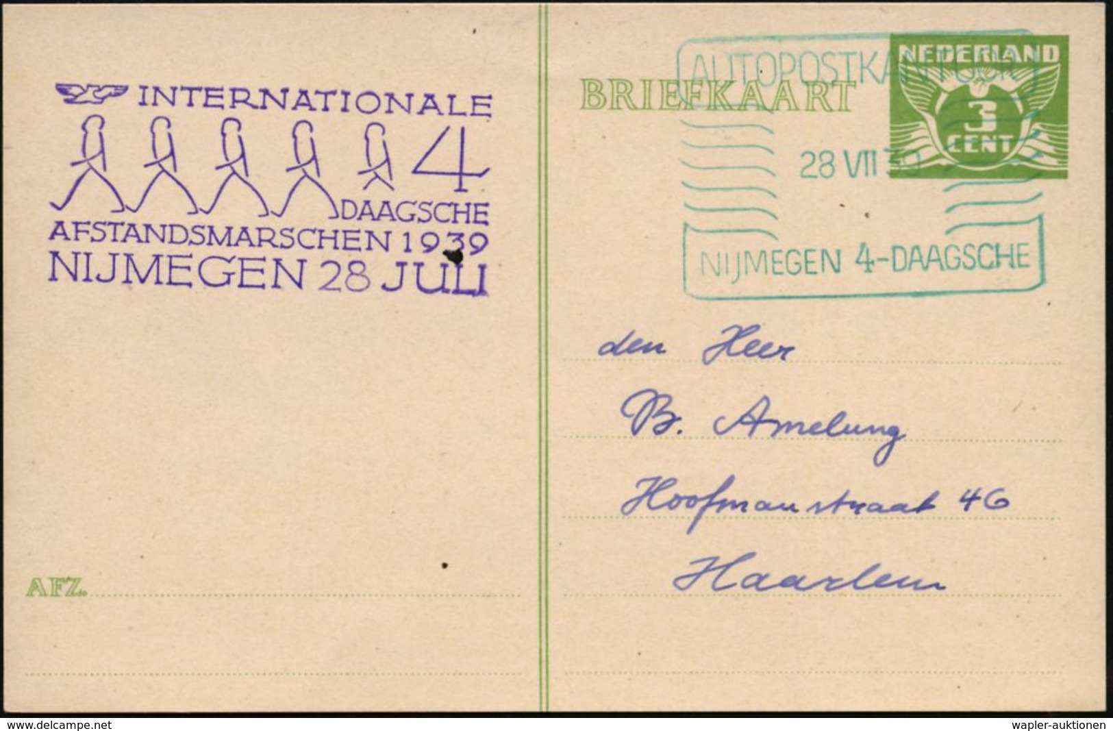 NIEDERLANDE 1939 (28.7.) Viol. HdN: INTERNAT./DAAGSCHE/AFSTANDSMARSCHEN 1939/NIJMEGEN (5 Marschierer) + Grüner Ra.-SSt:  - Andere & Zonder Classificatie