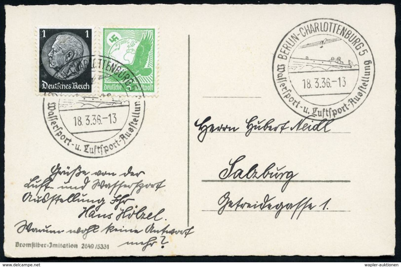 BERLIN-CHARLOTTENBURG 5/ Wassersport-u.Luftsport-Ausstellung 1936 (18.3.) SSt = Motorboot U. Segelflugzeug , Klar Gest.  - Andere & Zonder Classificatie