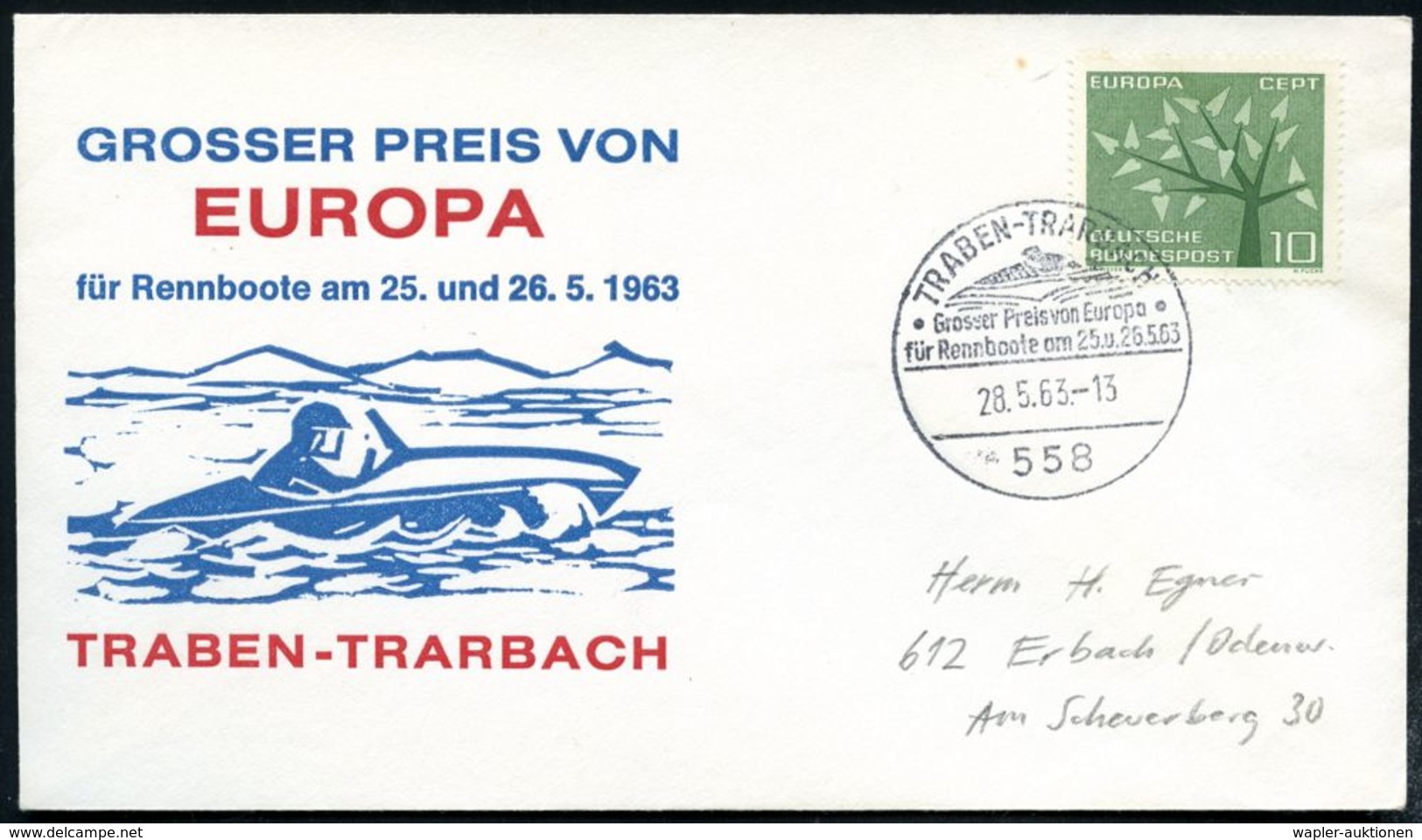 558 TRABEN-TRARBACH/ Großer Preis V.Europa/ Für Rennboote 1963 (28.5.) Seltener HWSt = Rennsportboot , Klar Gest., Motiv - Andere & Zonder Classificatie