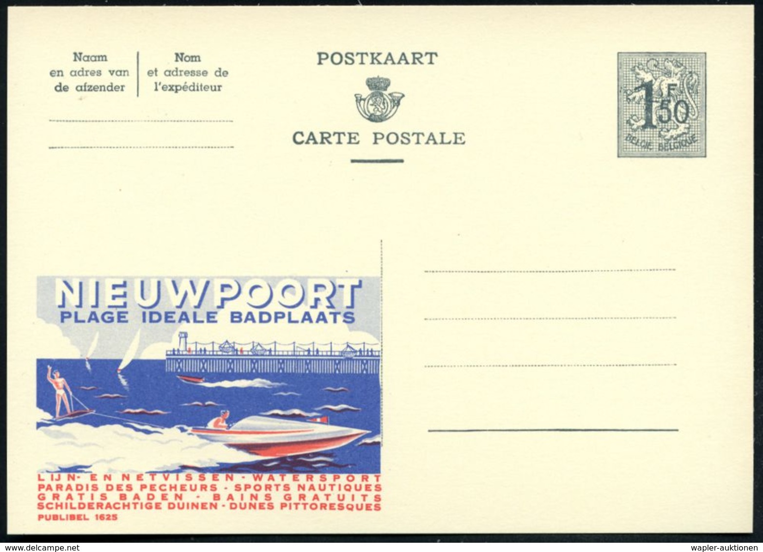 BELGIEN 1958 1,50 F. Reklame-P., Grau: NIEUWPOORT/PLAGE IDEALE../WATERSPORT..DUINEN (Mole Mit Leuchtturm,  Motorboot, Wa - Autres & Non Classés