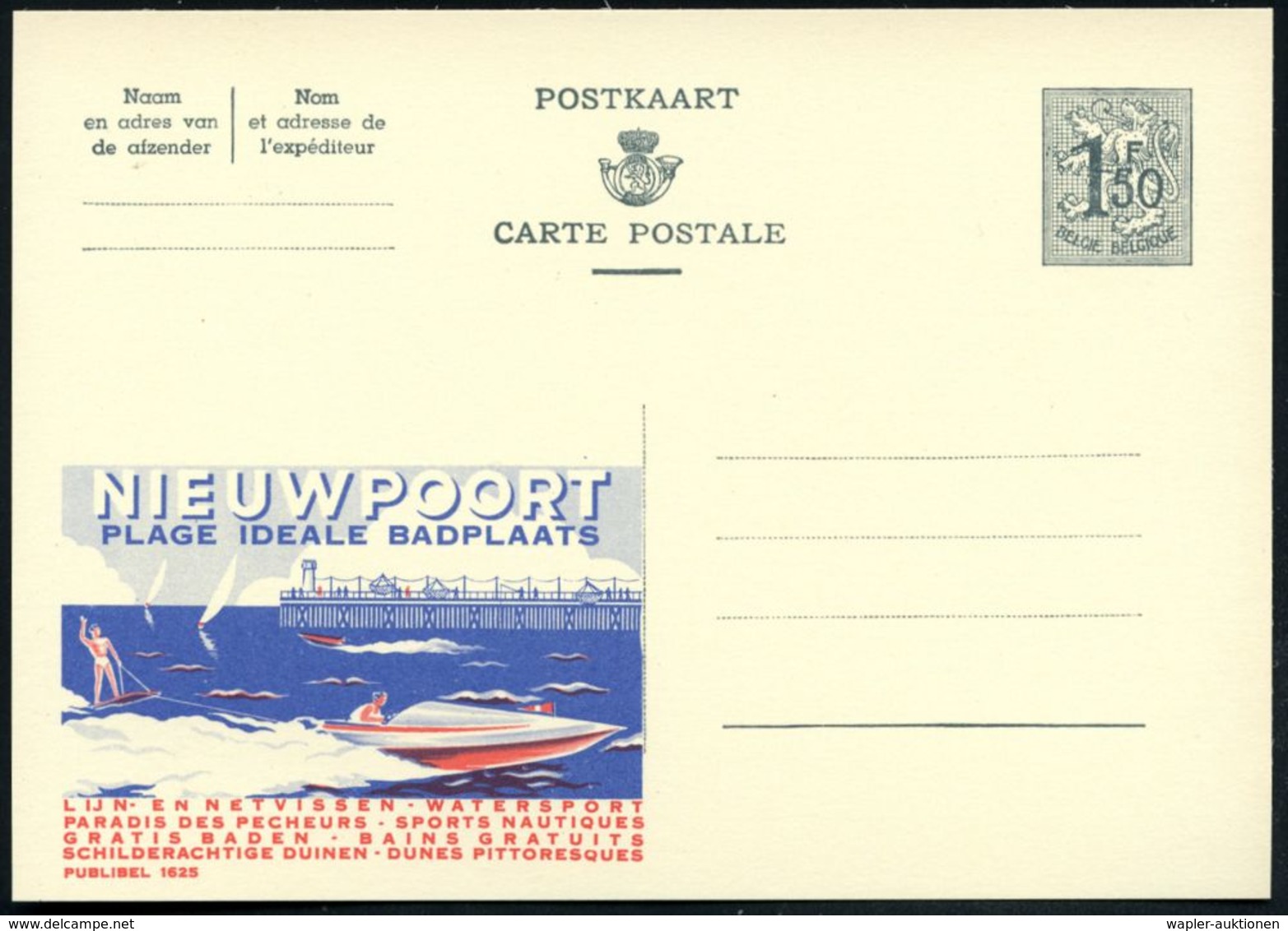 BELGIEN 1958 1,50 F. Reklame-P., Grau: NIEUWPOORT/PLAGE IDEALE../WATERSPORT..DUINEN (Mole Mit Leuchtturm,  Motorboot, Wa - Altri & Non Classificati