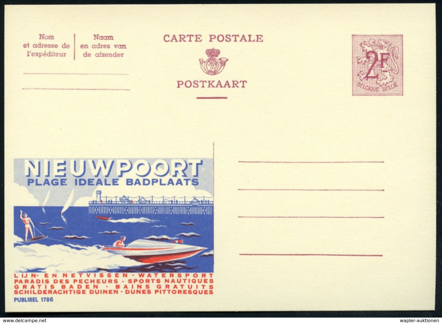 BELGIEN 1959 2 F. Reklame-P Weinrot: NIEUWPOORT/PLAGE IDEALE../WATERSPORT..DUINEN (Mole M.Leuchtturm, Motorboot M.Wasser - Altri & Non Classificati