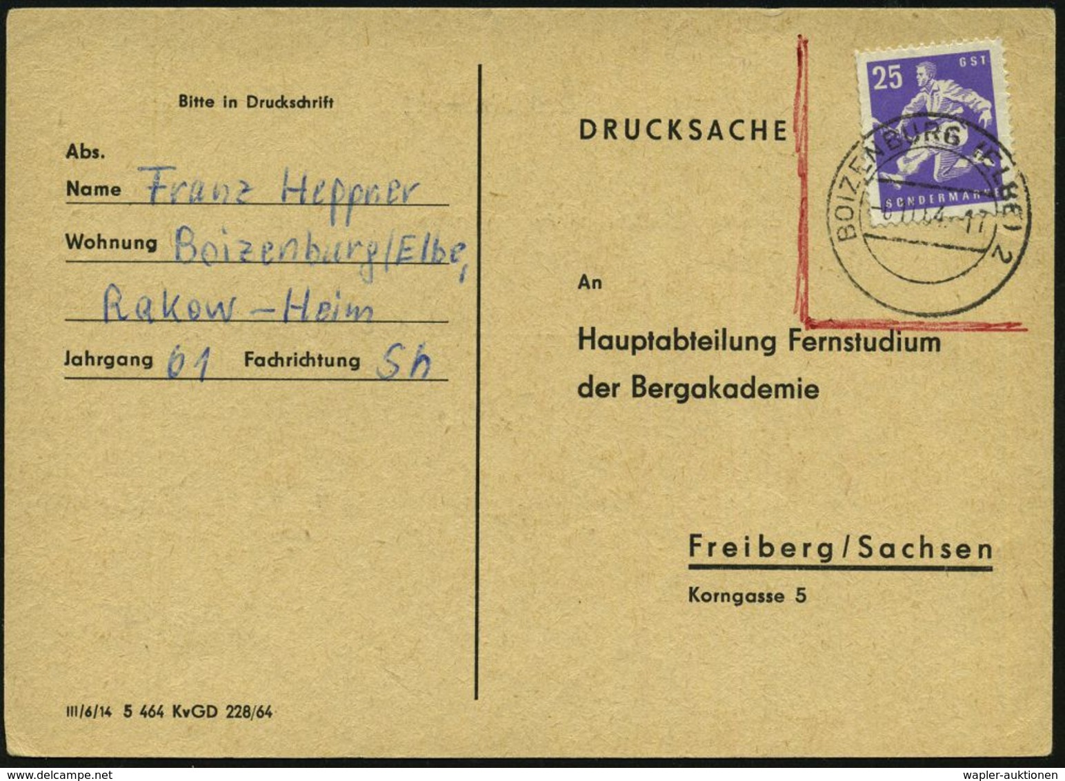 BOIZENBURG (ELBE) 2 1964 (6.11.) 2K-Steg Auf Spendenmarke "GST" 25 Pf. Ohne Frankaturkraft = Ges. Für Sport Und Technik  - Andere & Zonder Classificatie