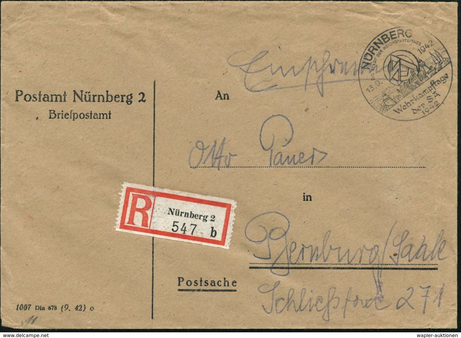 NÜRNBERG/ DSDR/ SA/ Wehrkampftage/ Der SA 1942 (13.9.) SSt = SA-Abzeichen (über Ortsbild) + Viol. 2L: Postamt Nürnberg 2 - Autres & Non Classés