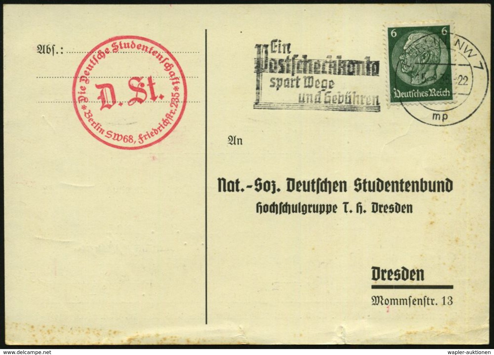 Berlin /  Dresden 1936 (15.4.) Dienst-Kt.: Nat.-Soz. Deutscher Studentenbund T.H. Dresden , Antwort-Einladungskt.: Festl - Zonder Classificatie