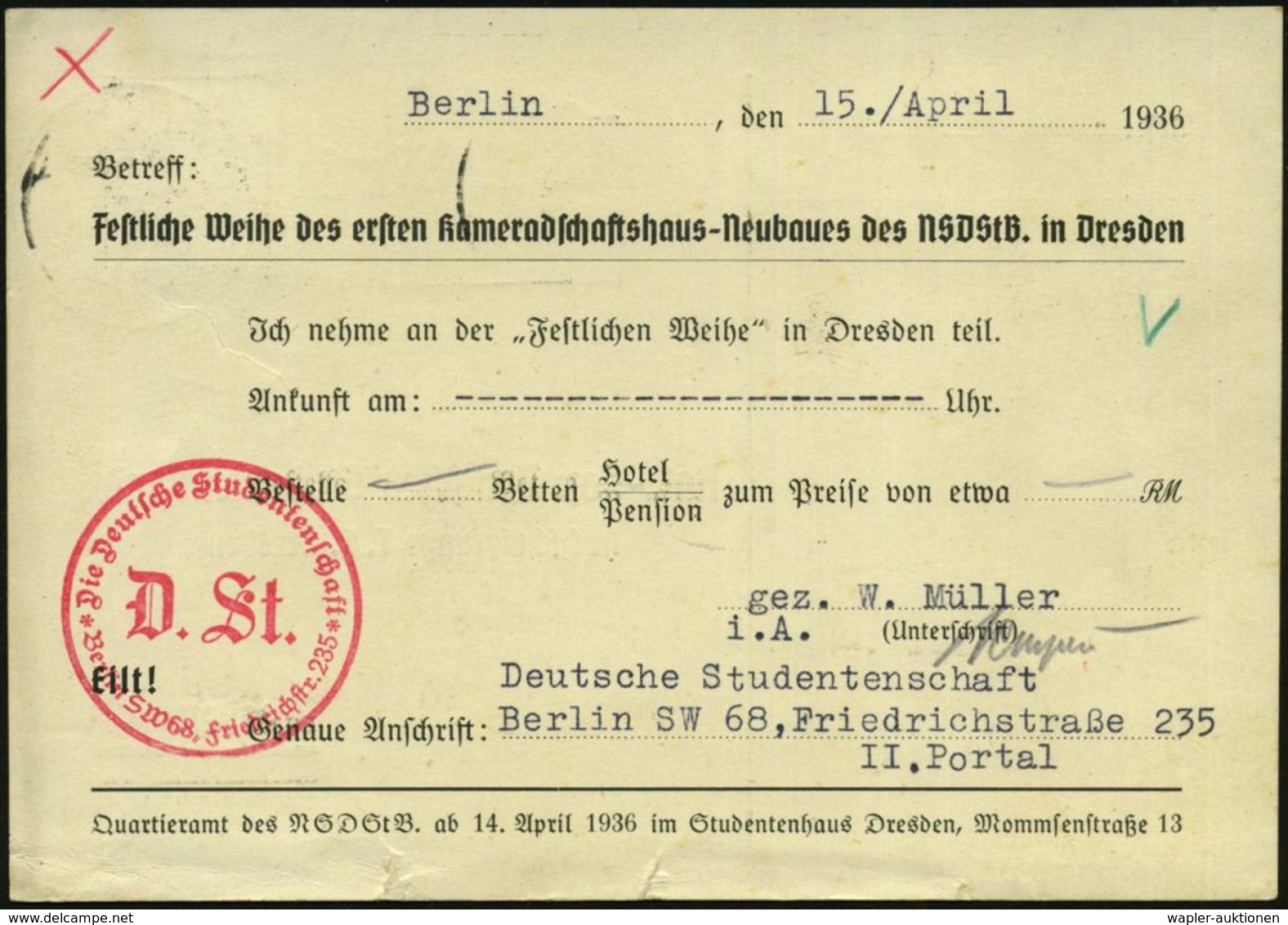 Berlin /  Dresden 1936 (15.4.) Dienst-Kt.: Nat.-Soz. Deutscher Studentenbund T.H. Dresden , Antwort-Einladungskt.: Festl - Ohne Zuordnung