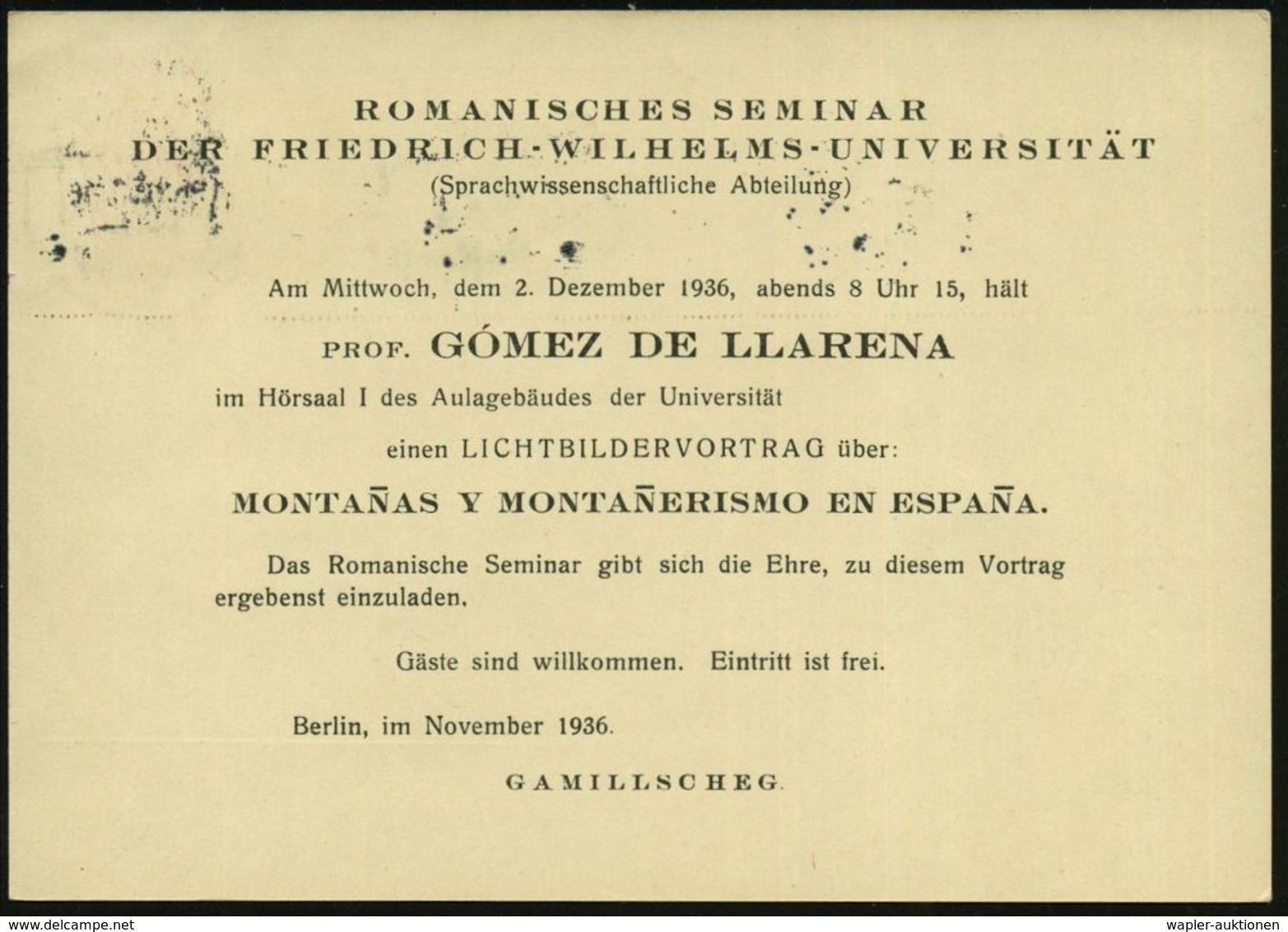 Berlin NW 7 1936 (16.11.) 3 Pf. Behördendienst + Viol. 1K-HdN: Universität Berlin/..Romanisches Seminar , Klar Gest. Die - Ohne Zuordnung