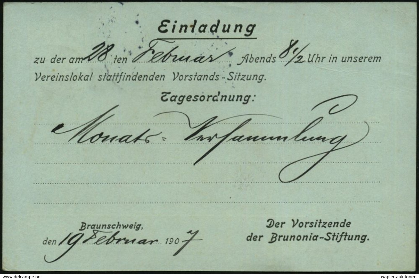 BRAUNSCHWEIG/ *1l 1907 (19.2.) 1K-Gitter Auf Amtl. P 2 Pf. Germania + Rs. Zudruck: Einladung..Vorstandssitzung Brunonia- - Ohne Zuordnung