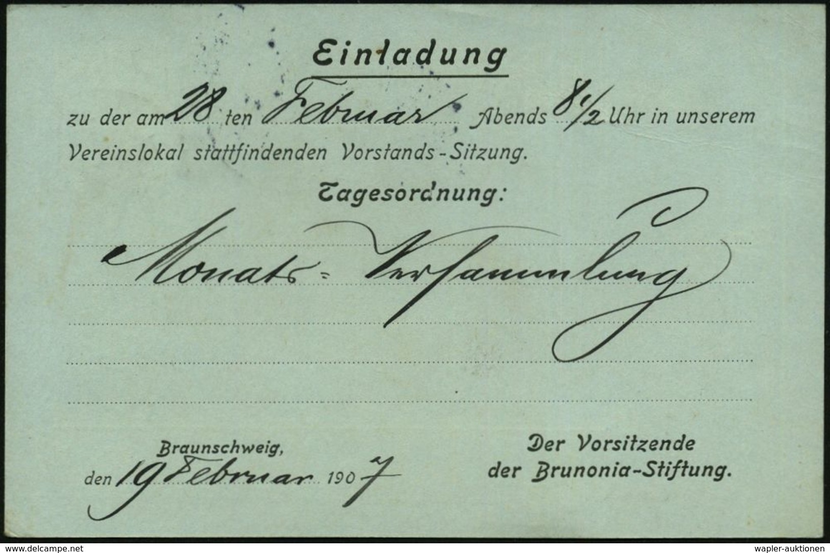 BRAUNSCHWEIG/ *1l 1907 (19.2.) 1K-Gitter Auf Amtl. P 2 Pf. Germania + Rs. Zudruck: Einladung..Vorstandssitzung Brunonia- - Non Classés