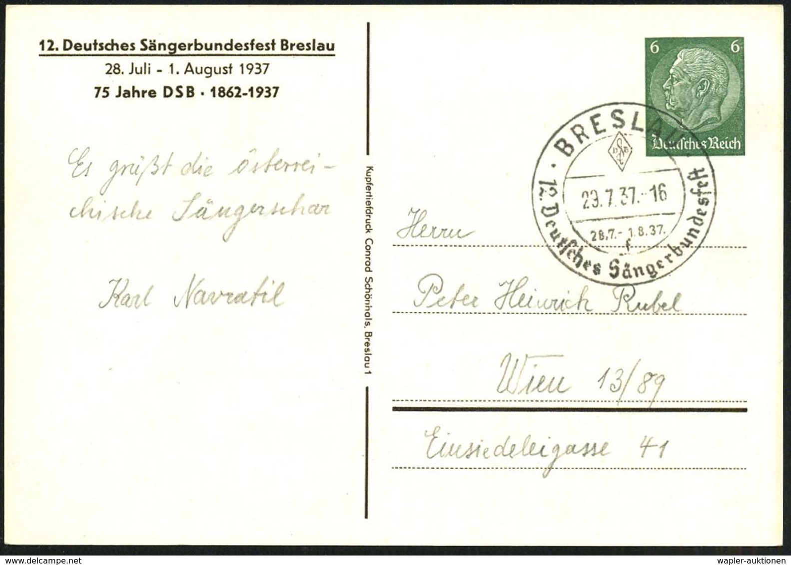 Breslau 1937 (29.7.) PP 6 Pf. Hindenbg. Grün: Universität = 12. Deutsches Sängerbundesfest Breslau/75 Jahre DSB + SSt.:  - Non Classés